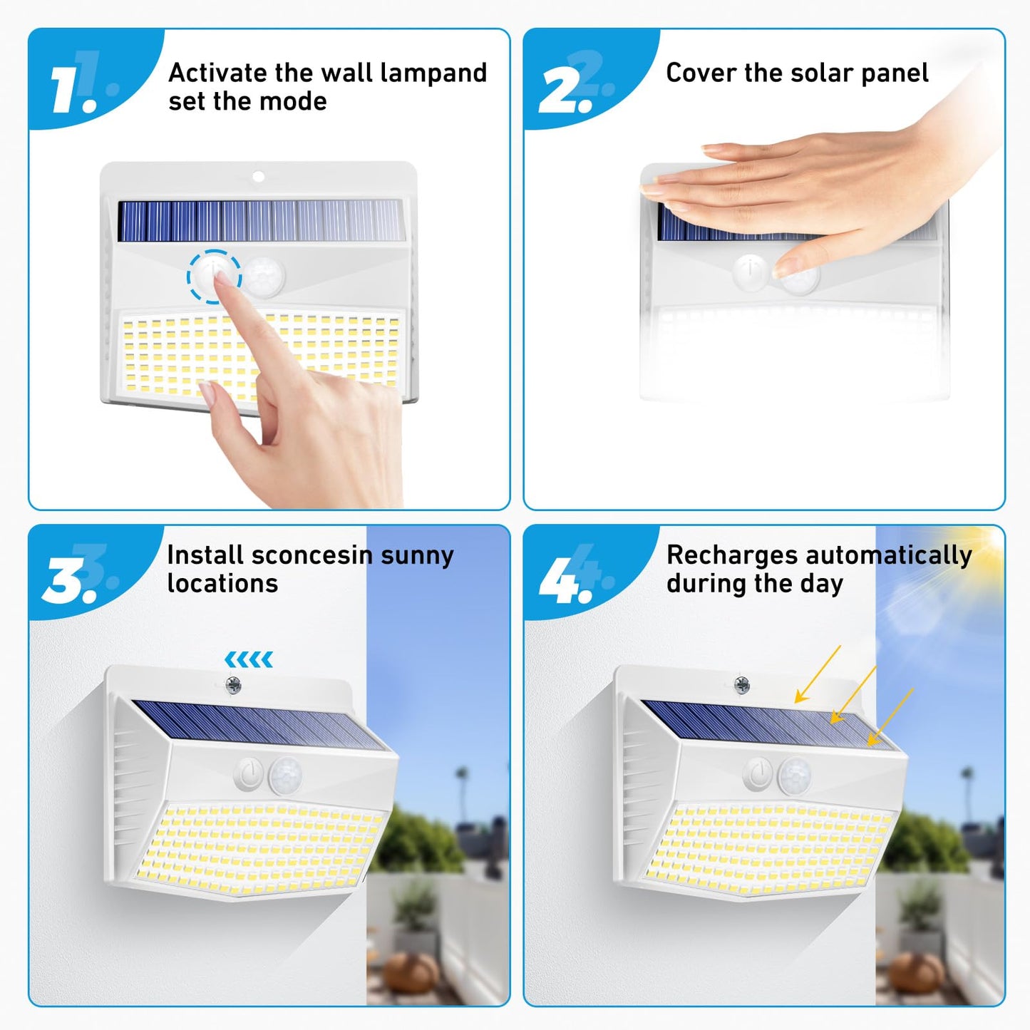 Peaur 3 Lighting Modes Solar Lights Outdoor, 8 Pack 138LED Solar Motion Sensor Light, IP65 Waterproof Wireless Wall Lights Solar Powerd Security Lights for Fence Yard Garden Deck Garage-White