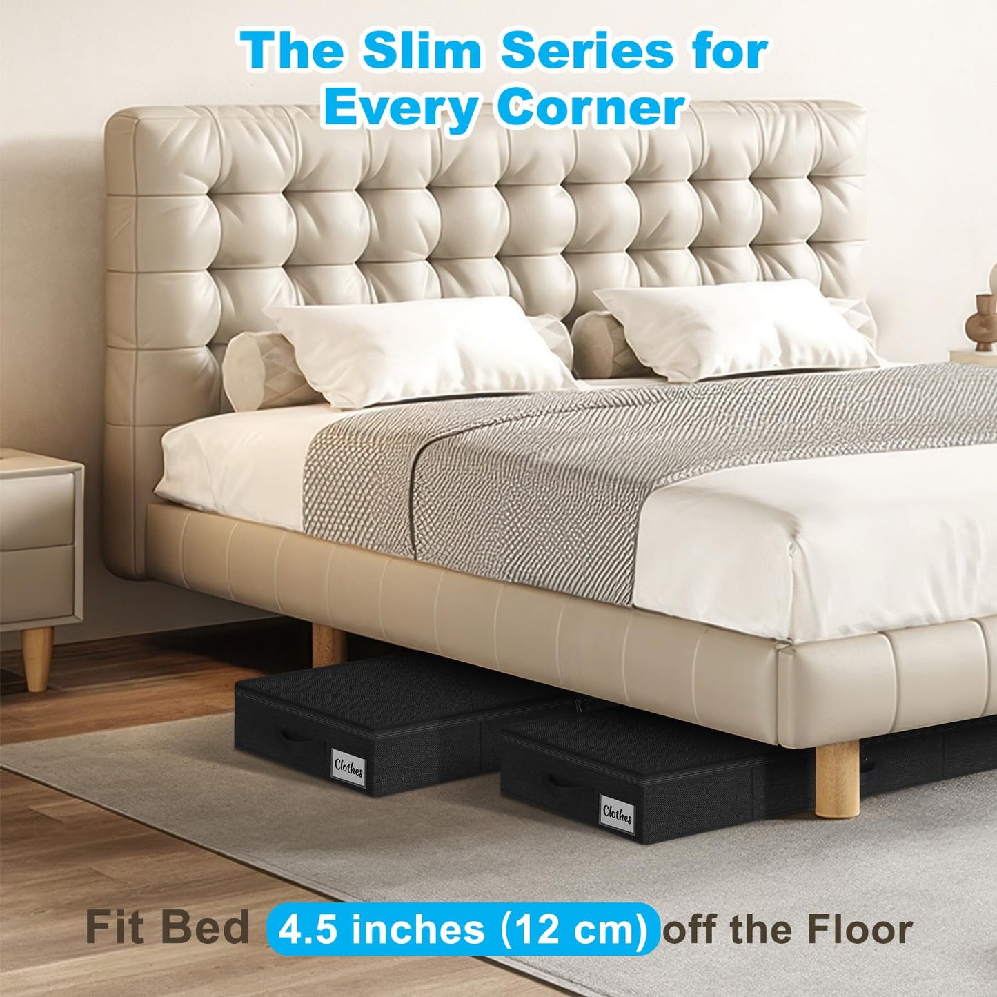 2 Pack Under Bed Storage Bins 12cm (4.5") Tall, Low Profile Underbed Clothes Storage Containers with Lids, Foldable Thick Fabric Underbed Storage Box for Blankets, Clothes, Toys w/Sturdy Bottom/Sides