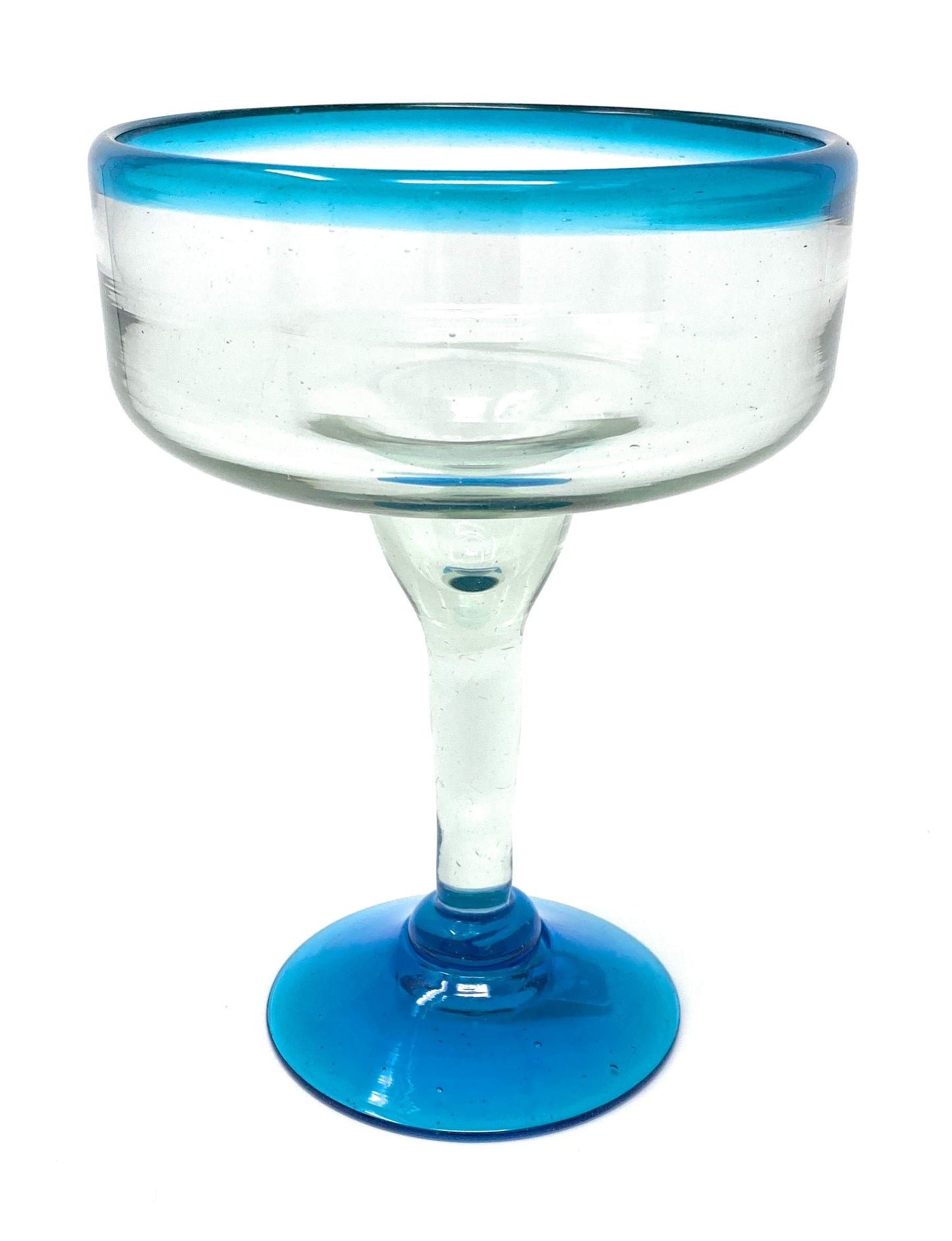 Dos Sueños Mexican Hand Blown Glass - Set of 4 Hand Blown Margarita Glasses (16 oz) with Aqua Blue Rims