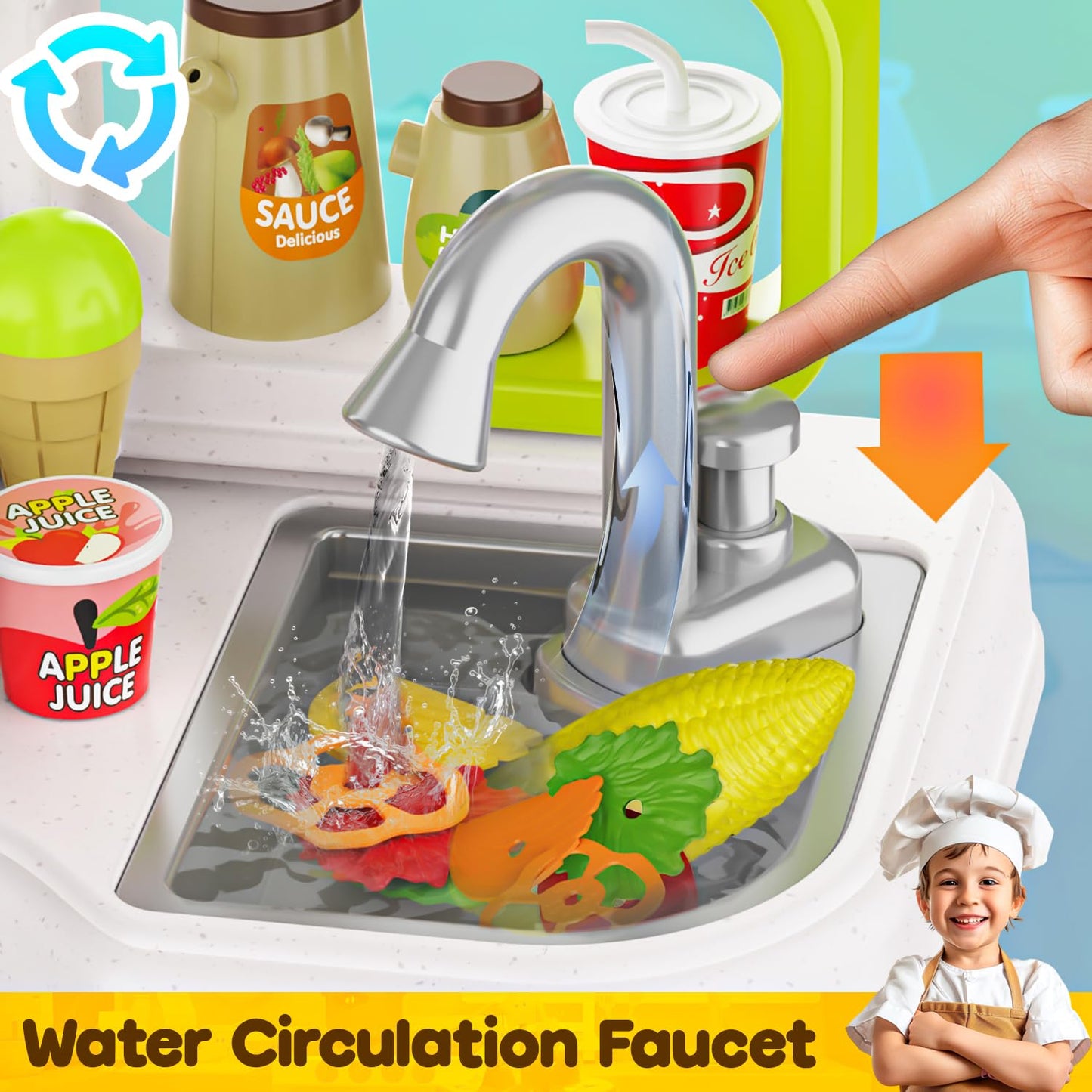 96PCS Kids Kitchen Playset, Play Kitchen with Sound & Light, Cooking Stove with Steam, Play Food Toy Kitchen Accessories, Play Sink, Oven, Pretend Play Kitchen Toys Set for Boys and Girls (Green)