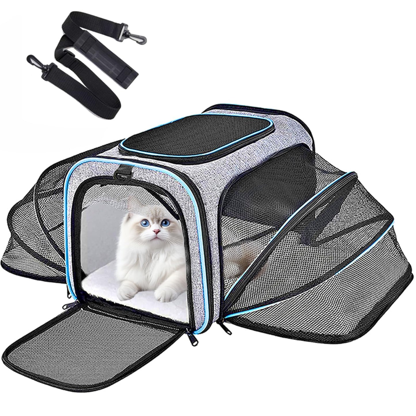 Expandable Cat Carrier,Pet Carrier Airline Approved 5-Side Ventilation Soft Cat Carrier Bag with Removable Fleece Pad and Shoulder Straps Fit Pets (40L x 25W x 25H cm)