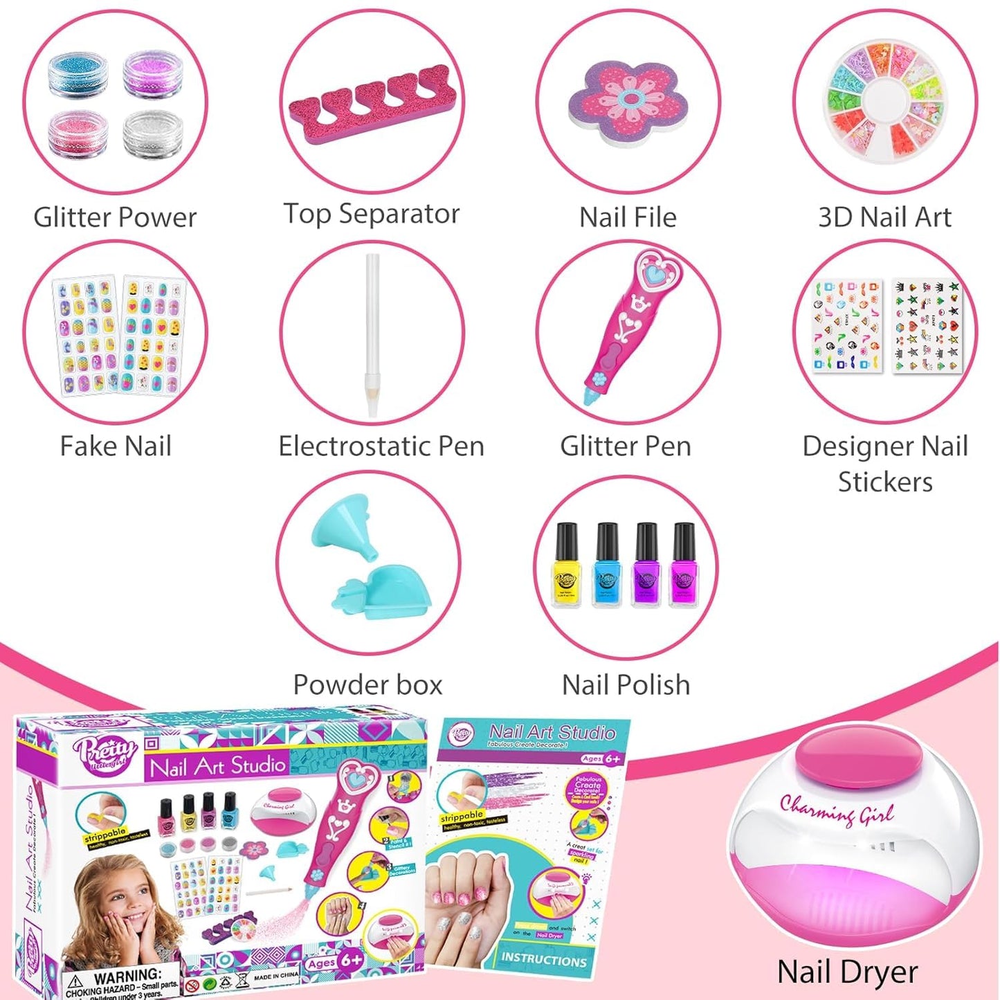 Kids Nail Polish Set for Girls, Nail Art Kits with Nail Dryer & Glitter Pen, Quick Dry & Peel Off & Non-Toxic Nail Polish, Christmas Birthday Gifts for Girls Ages 6 7 8 9 10 11 12