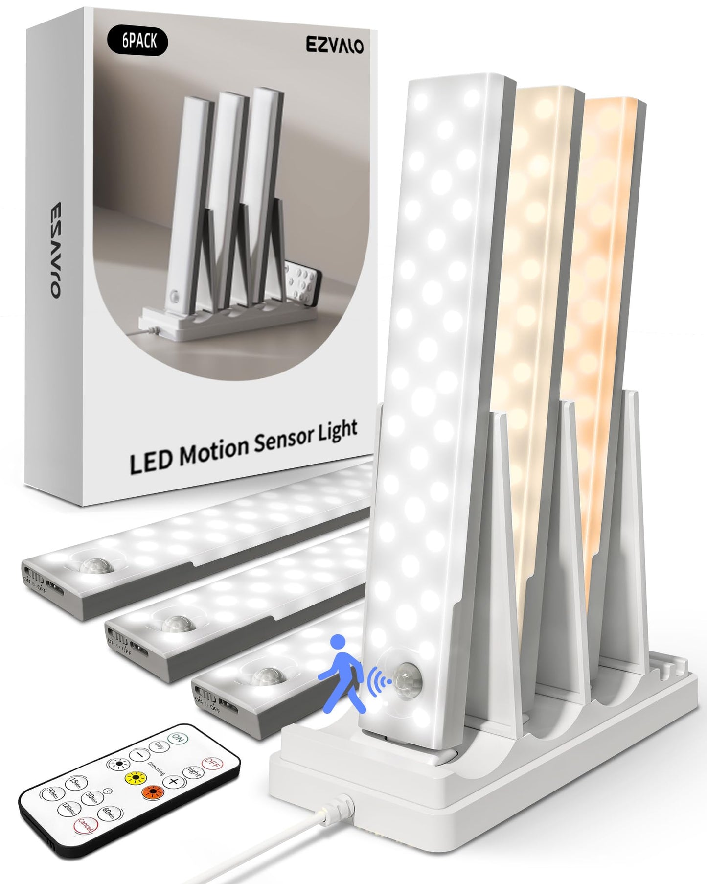 EZVALO Under Cabinet Lighting,Closet Lights for Kitchen 6 Pack 23cm with Station