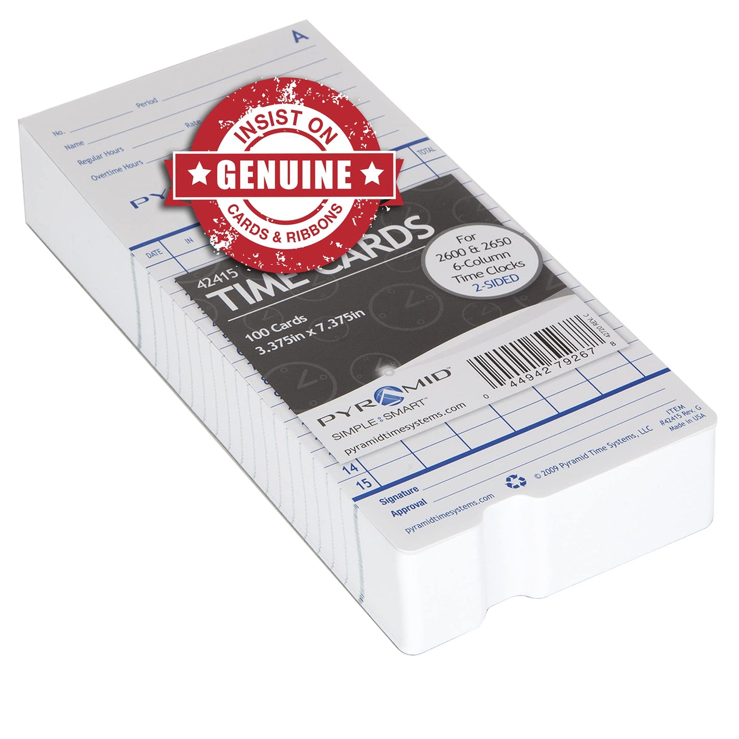 Pyramid Time Systems - Genuine and Authentic Time Cards (42415) for Pyramid Models 2500, 2500K1, 2600 and 2650 Auto Aligning Time Clocks, Double Sided Time Sheets (3.38 x 7.44 in) - 100 Time Cards
