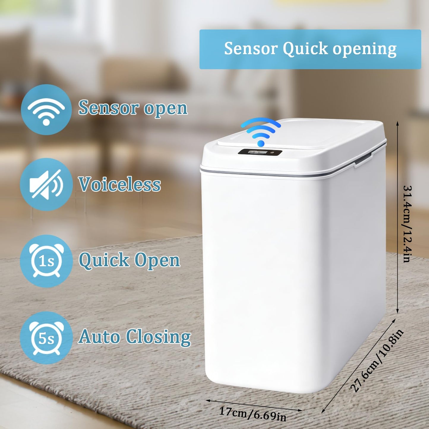 3 Pack Bathroom Trash Can with Lid Touchless Automatic Garbage Can 2.6 Gallon Slim Waterproof Motion Sensor Smart Trash Can Small Plastic Trash Bin for Kitchen Office Living Room Toilet Bedroom White