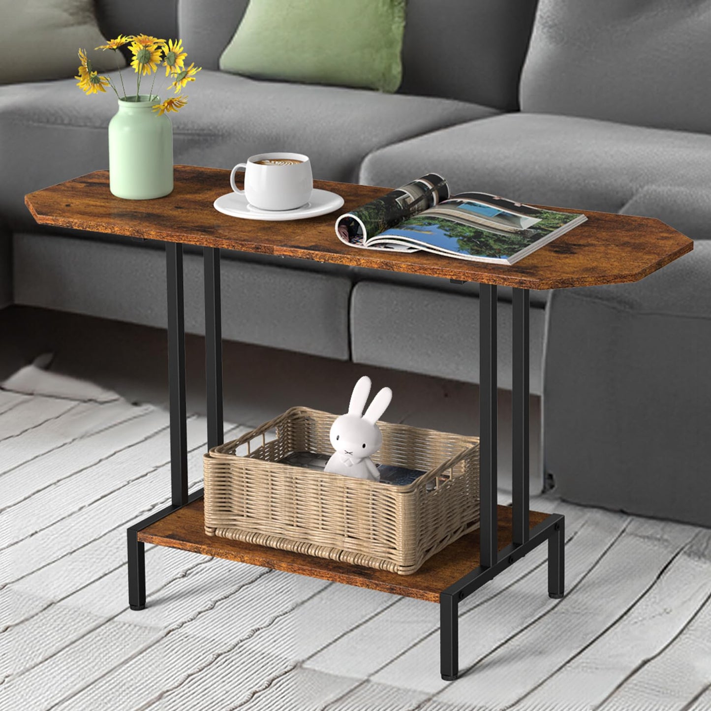 Rustic Coffee Table for Living Room Center Table with Storage Shelf 2-Tier Wood Tea Table Industrial Rectangle Coffee Table for Large or Small Spaces, Brown