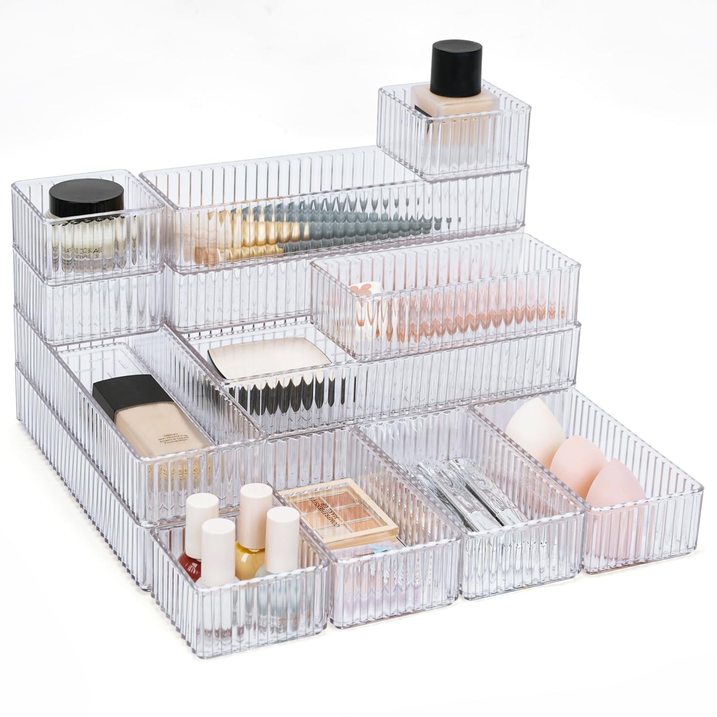 14 Pieces Clear Drawer Organizer Set, Stackable Drawer Storage Bins with Non-Slip Base, 4 Sizes up to 9.92"x6.23", Plastic Containers for Makeup, Kitchen, Office (14 Pack)