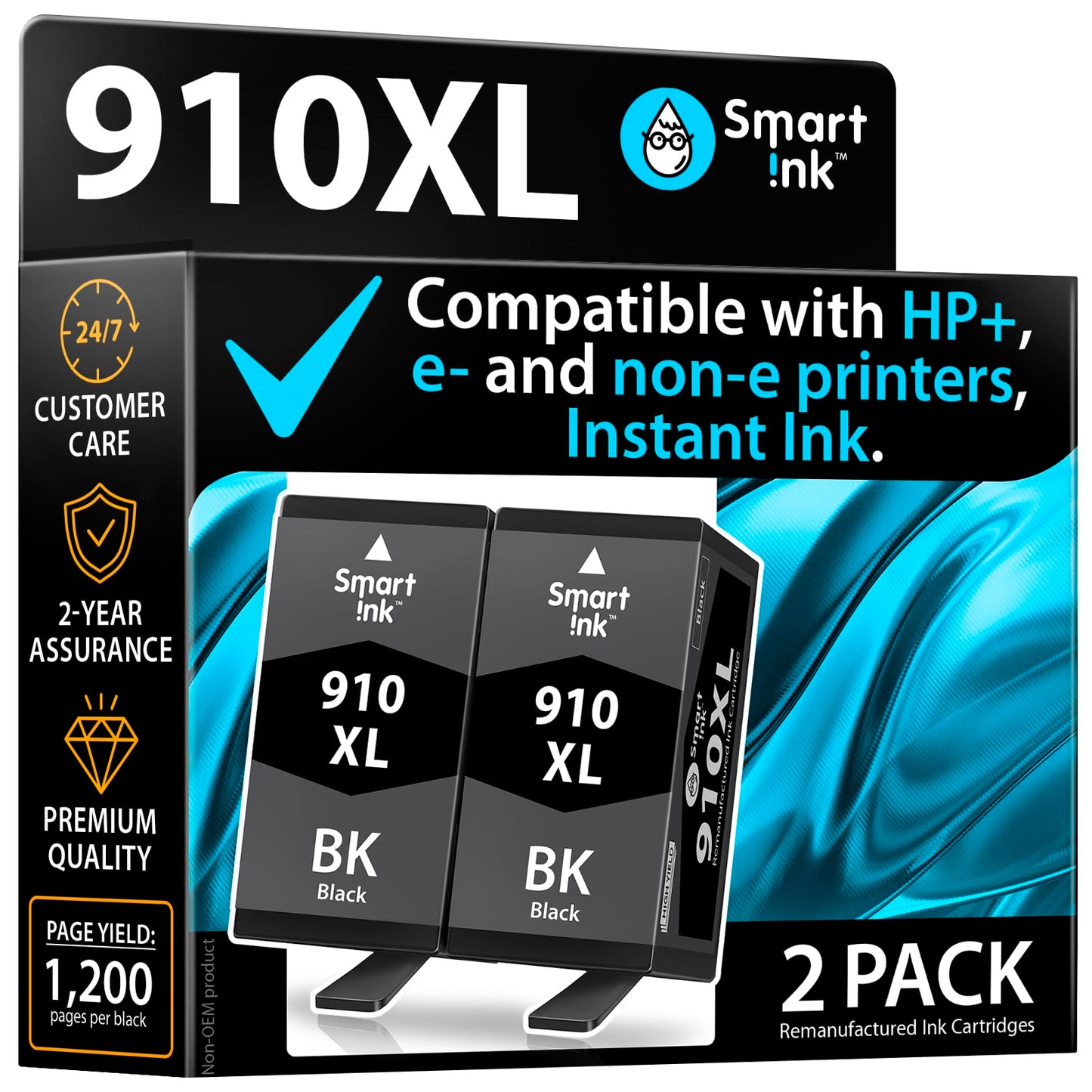 Smart Ink Remanufactured Ink Cartridge Replacement for HP 910 XL 910XL (2 Black Pack) to use with OfficeJet 8015e 8022e 8010e 8015 8022 8010 OfficeJet Pro 8025e 8025 Printers