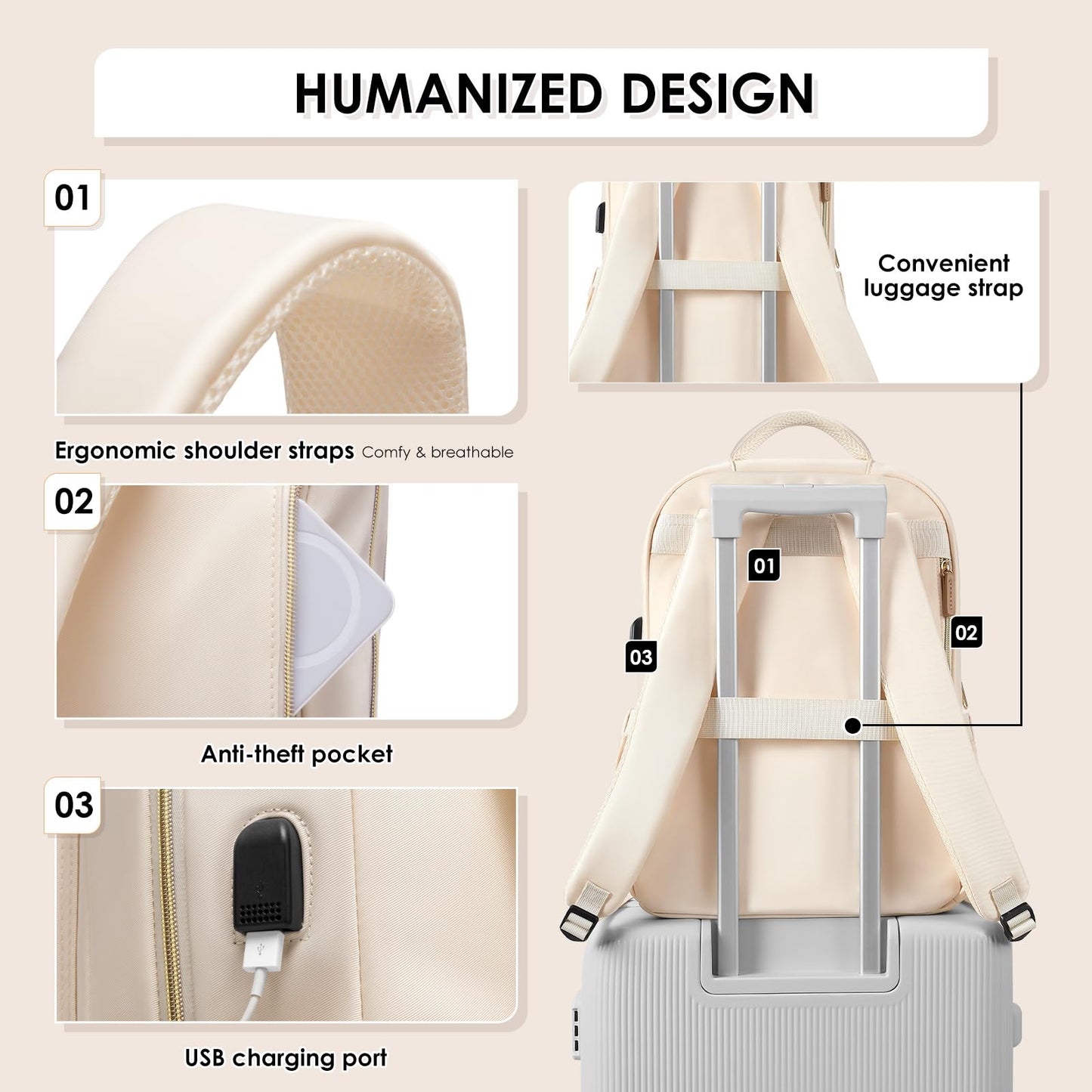 MDODO Laptop Backpack for Women,Travel Backpack with Laptop Compartment,Casual Daypack College Bookbag Computer Backpack for Work with Small Organizer Bag, Beige