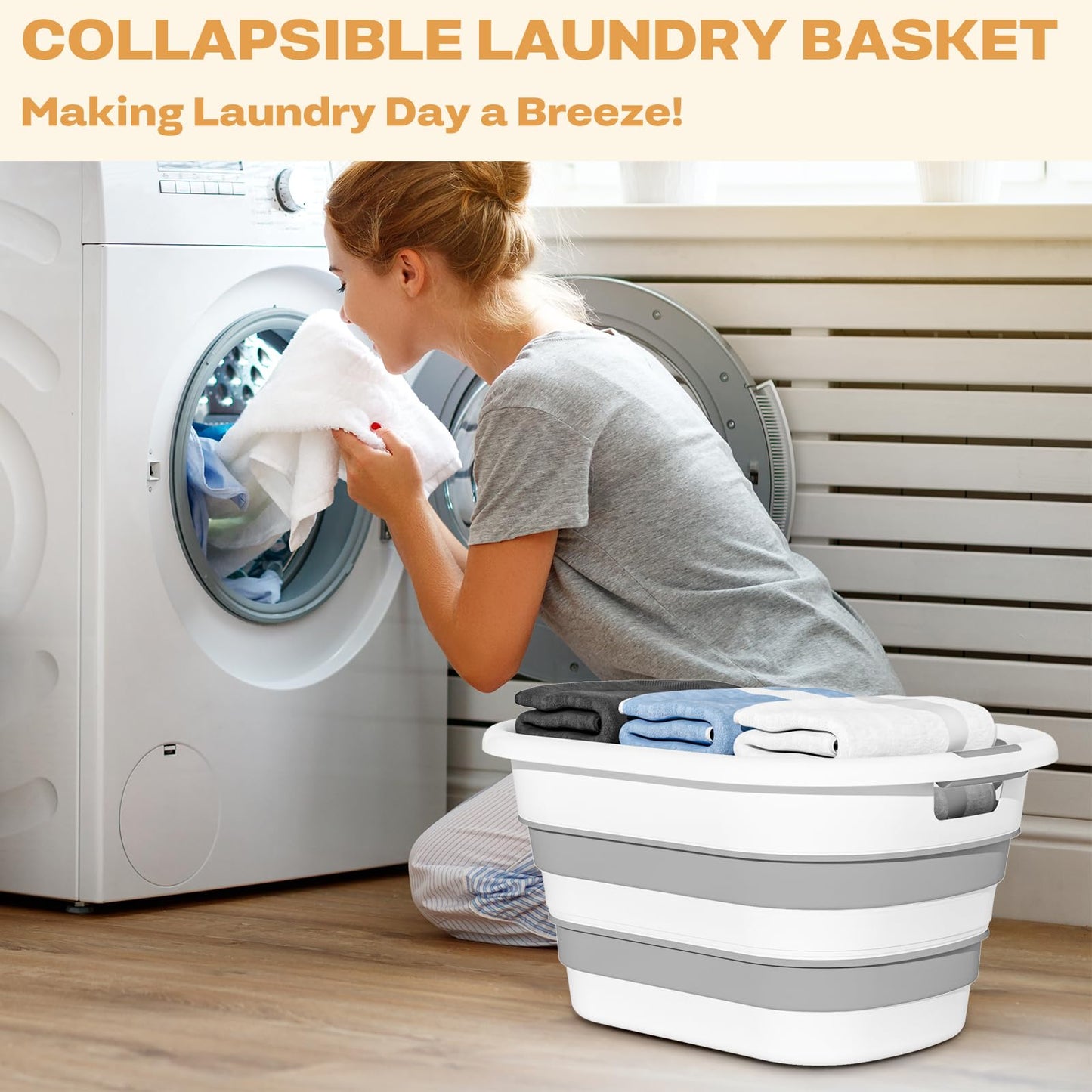 43L Collapsible Laundry Baskets Plastic, Pop Up Laundry Hamper/Storage Container, Foldable Laundry Basket with Large Capacity,Sturdy,Space Saver (Grey, 1 Pack)