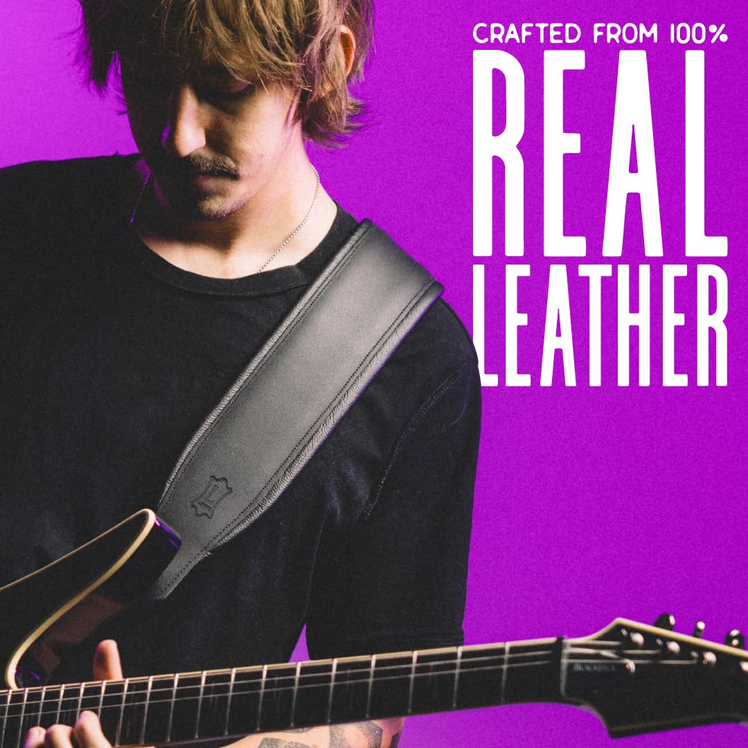 Levy's Leathers 3" Wide Amped Leather Series Guitar Strap with Foam Padding and Garment Leather Backing, Matte Black Finish(M26PD-BLK-MAT)