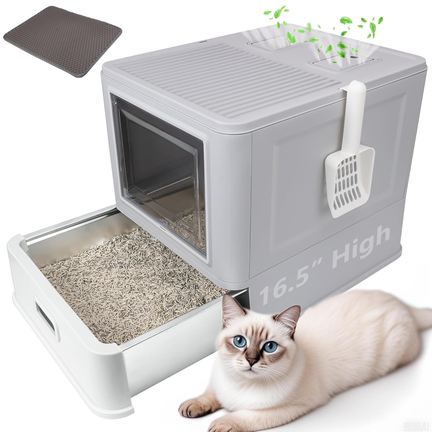 GOYJOY Enclosed Stainless Steel Cat Litter Boxes,Large Foldable Litter Box with Lid,Hooded Covered Stainless Steel Cat Litter Box,Easy Cleaning,No Urine Leakage,Deeper Pan,with Litter Mat