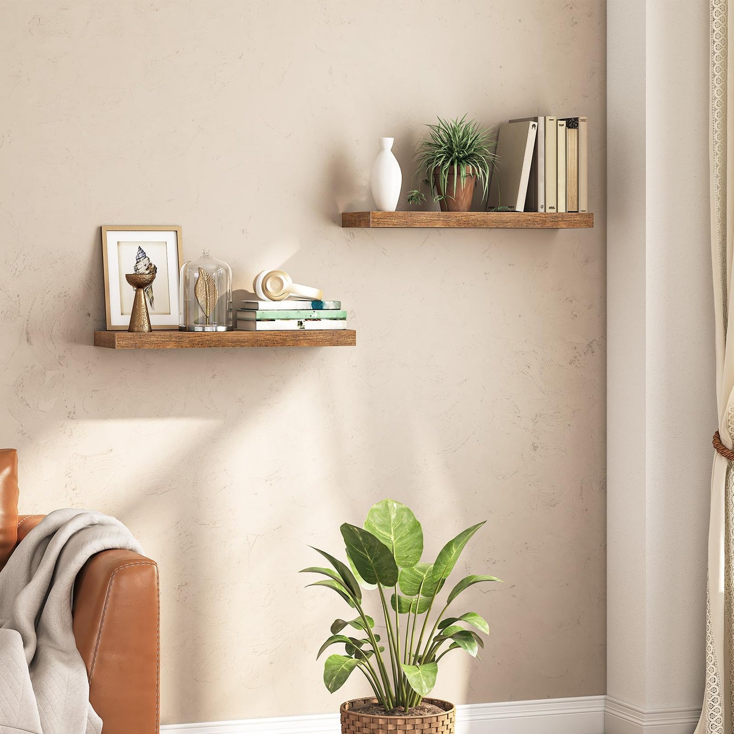 HOOBRO Floating Shelves, Rustic Brown Wall Shelf Set of 2, 60 cm Hanging Shelves with Invisible Brackets, for Bathroom, Bedroom, Toilet, Kitchen, Office, Living Room Decor BF60BJ01