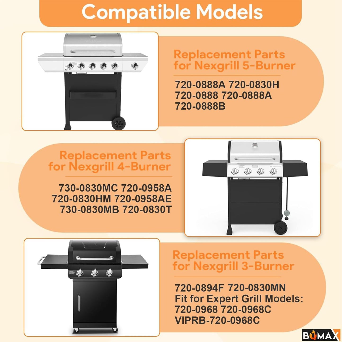 BQMAX Replacemrnt Parts Kit for Nexgrill 720-0888, 720-0888N Gas Grill Models, Heat Plates Shield Replacement Parts, Flame Tamers, Heat Tents, Grill Burner Replacemnt Parts for Nexgrill,Tube Burner Repair Kit (5-Pack)