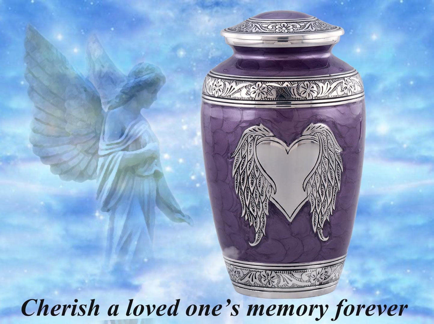 Angel Wings Urn - Loving Angel Wings Cremation Urn for Ashes - Handcrafted Angel Wings & Heart Adult Urn - Large Wings of Love Memorial Urn with Velvet Bag (Purple)