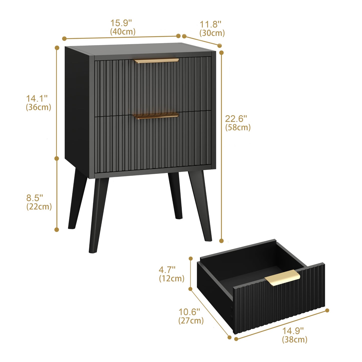 YAUKOMEL Small Night Stand,Bedside Table,Black Nightstand with 2 Storage Drawers,Fluted Side Table with Solid Wood Legs,Mid Century End Table for Living Room,Bedroom,Small Space,Black CAACTG55BK