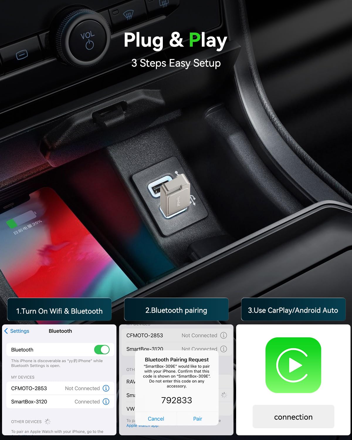 2-in-1 Wireless CarPlay & Android Auto Adapter, Plug & Play Dongle with 5GHz WiFi & Bluetooth, Auto-Connect, Fast & Stable, USB-A/C, Compatible with Most Cars 2017+