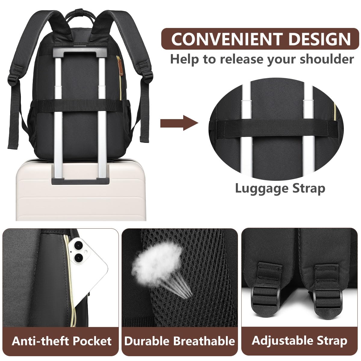 Laptop Backpack for Women Bag - 15.6 inch Work Travel Backpack with USB Charger College Bookbag Waterproof Business Computer Backpack Anti-theft Casual Backpacks for Nurse Teacher Beige Black Brown