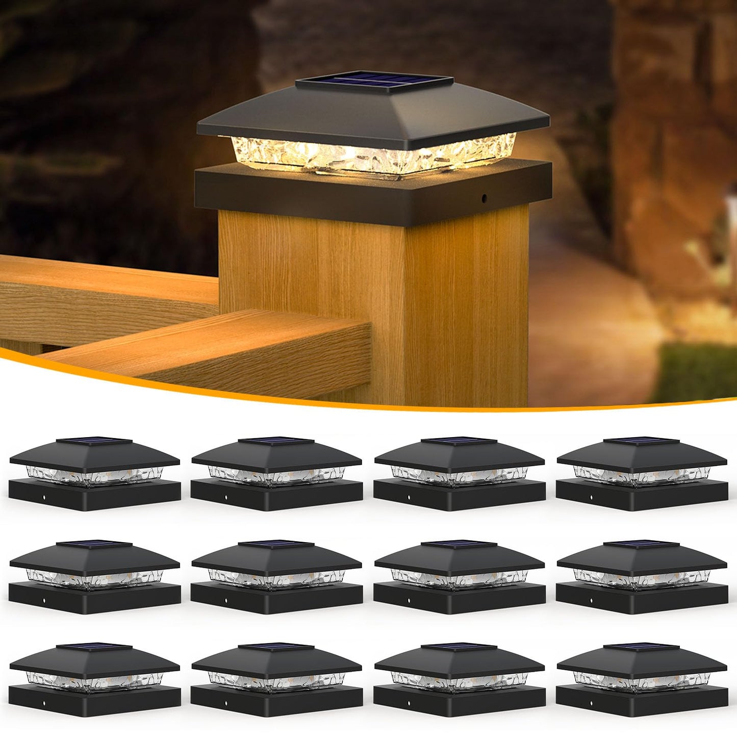 APONUO Solar Post Cap Lights,4x4 Post Solar Lights Warm White Outdoor Waterproof Garden Patio Fence Deck Decor,Solar Fence Post Lights for 4x4 Wood & Vinyl,Black 12 Pack