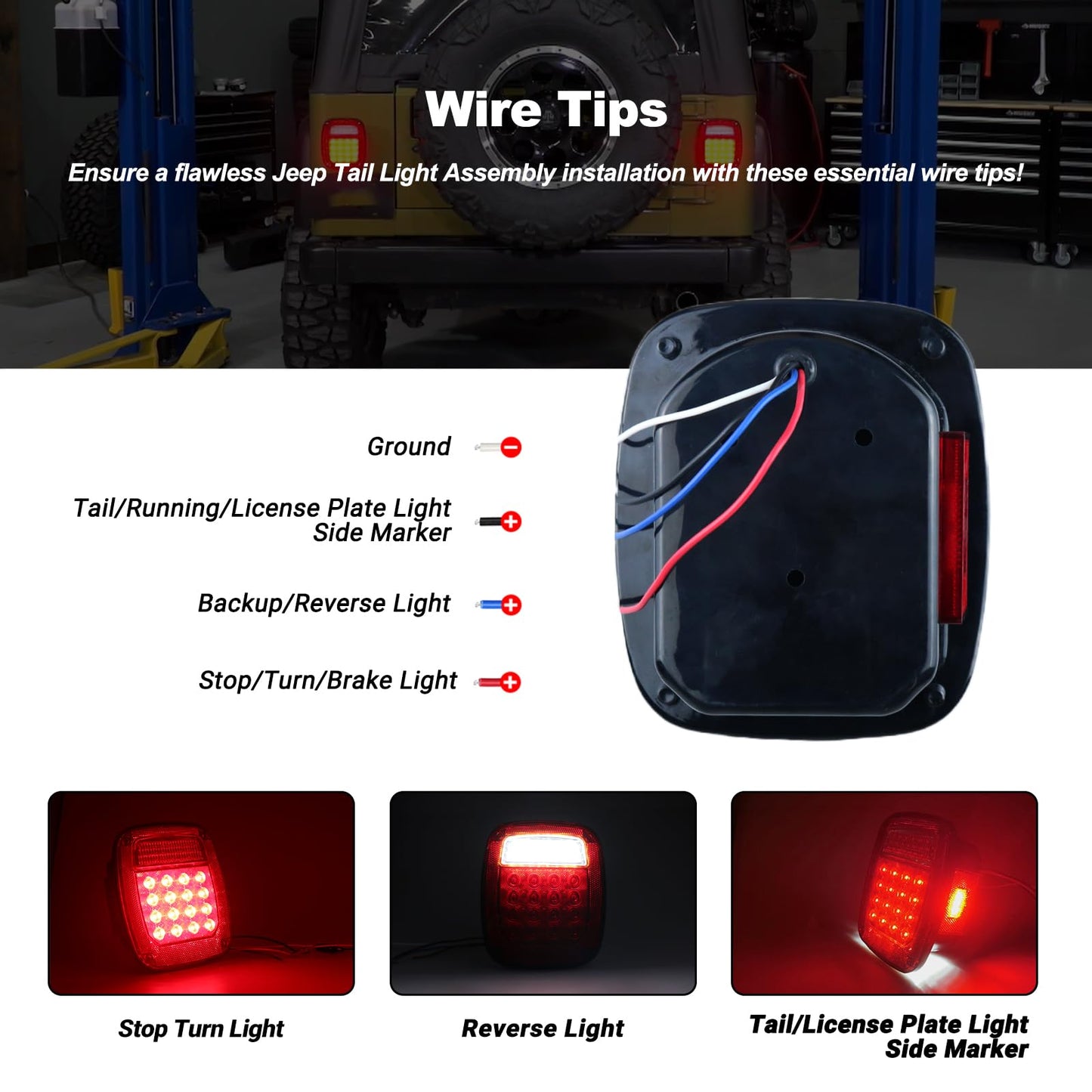 Replacement for 1979-2006 Wrangler TJ YJ CJ5 CJ7 Red Square Rear Combination Tail Lamps with Passenger and Driver Side Marker Stop Turn Signal Brake Lights DOT Certified, 2Pcs