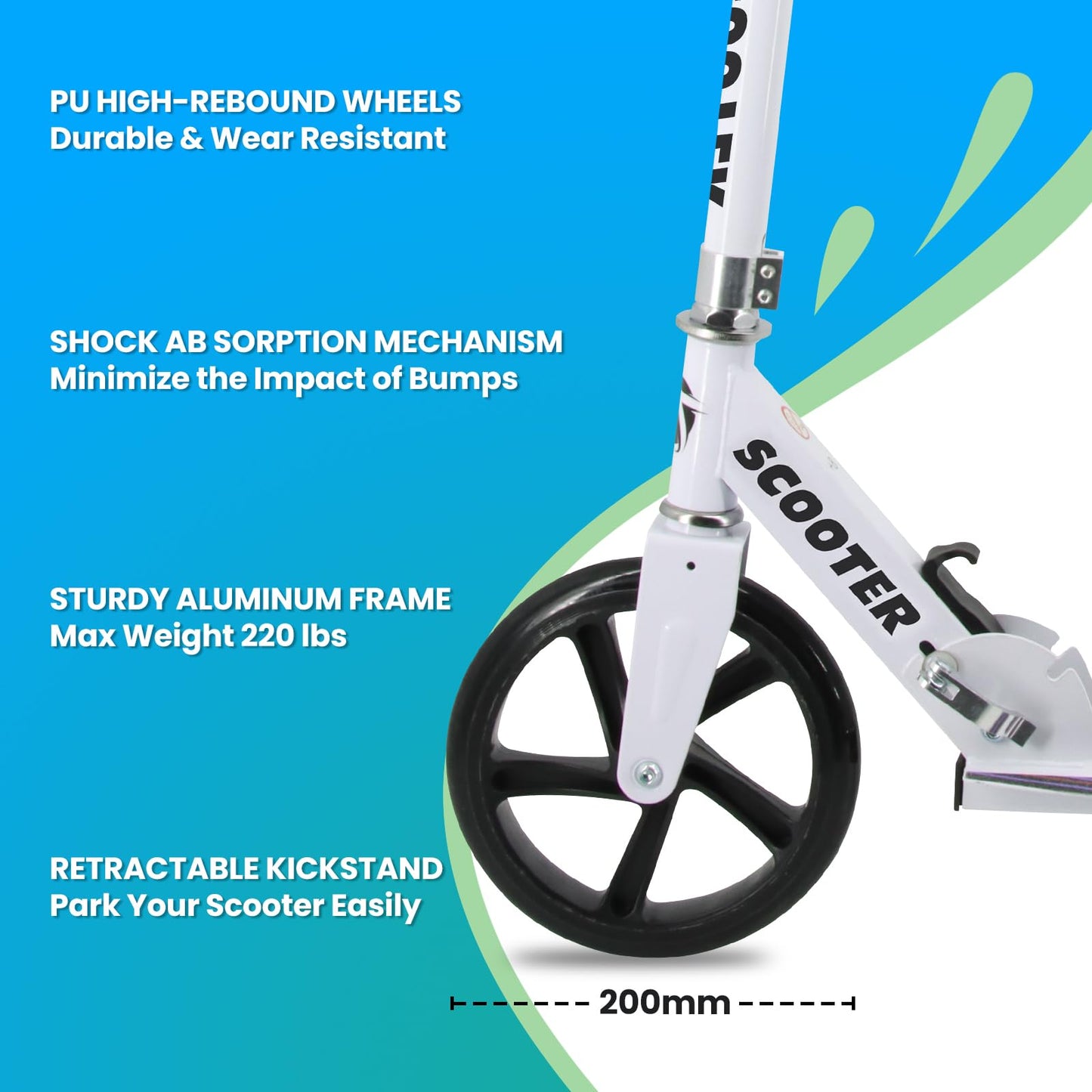 Leefleuy Folding Big Wheel Scooter for Kids Ages 6+,3 Adjustable Levels and Kick Stand,Kids Scooter Age 8-12,City Scooter for Teens & Adults 11-15 (White)