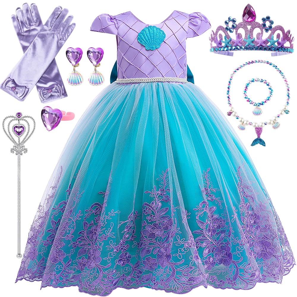 Mermaid Princess Costumes for Girls, Princess Dress Up with Accessories for Birthday Party Halloween Carnival Cosplay (110)