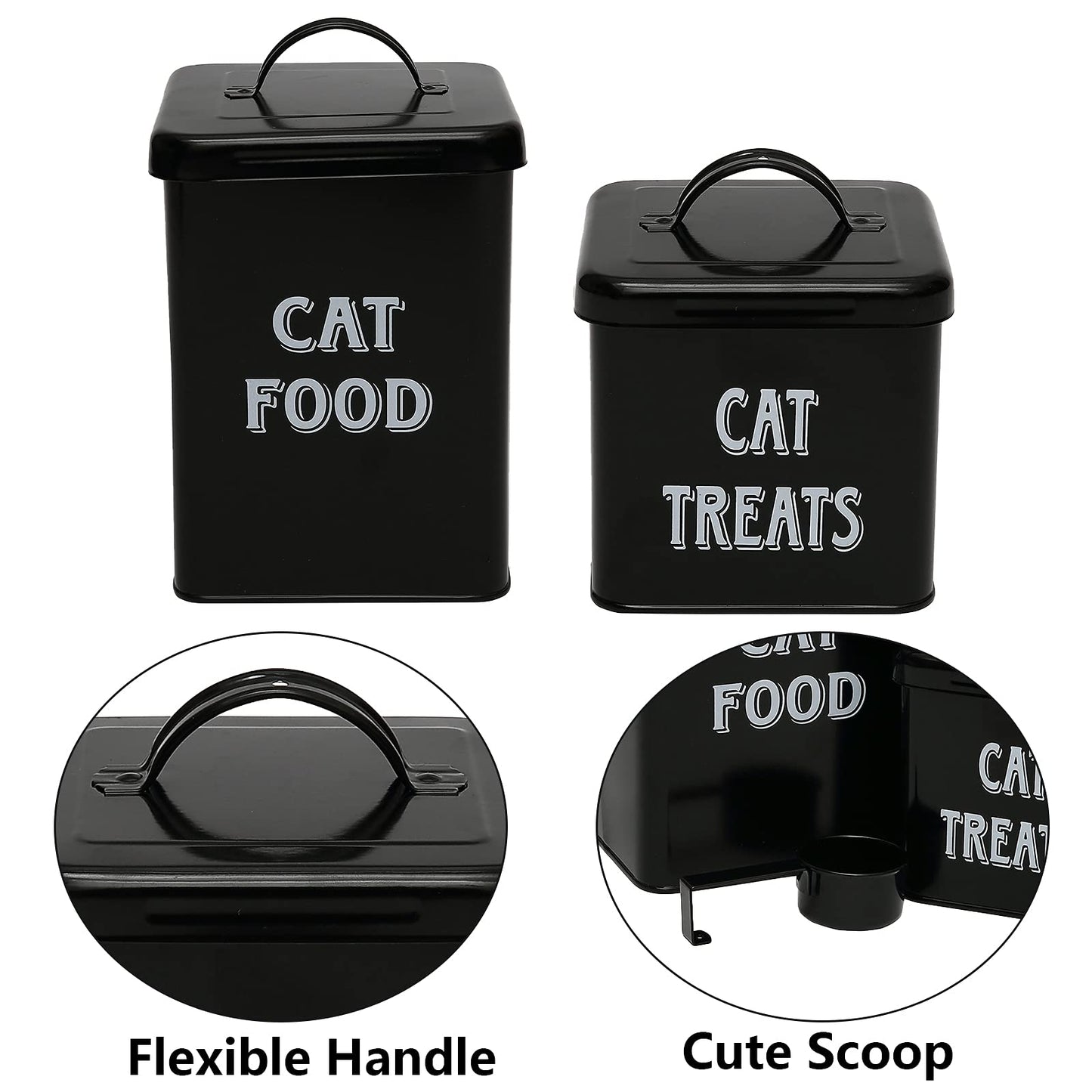 Pethiy cat Food and Treats Containers Set with Scoop for cats-Vintage White Powder-Coated Carbon Steel - Tight Fitting Lids - Storage Canister Tins Small-Black