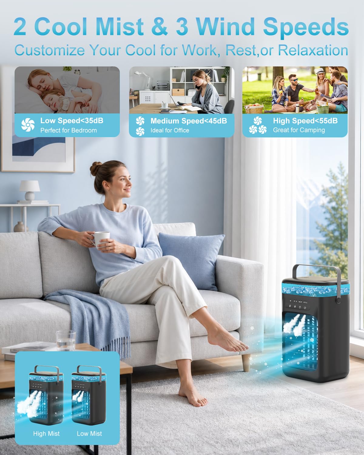 Portable Air Conditioner, 4-in-1 Evaporative Air Cooler, Personal Cooling Fan with 3 Speeds, 2 Mist Modes, 7 LED Night Light, 2-4H Timer