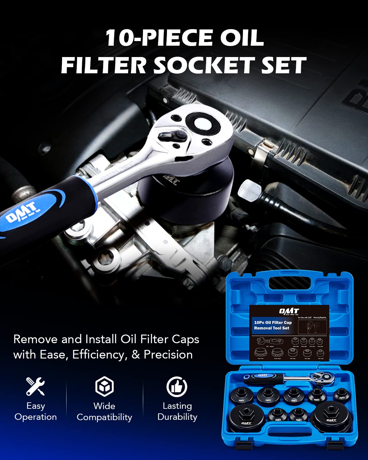 Orion Motor Tech Oil Filter Wrench Set, 10pc Oil Filter Socket Set, 3/8" Drive Metric Oil Filter Cap Wrench Removal Tool Kit, Oil Canister Socket Set Compatible with Most Toyota VW BMW Mercedes