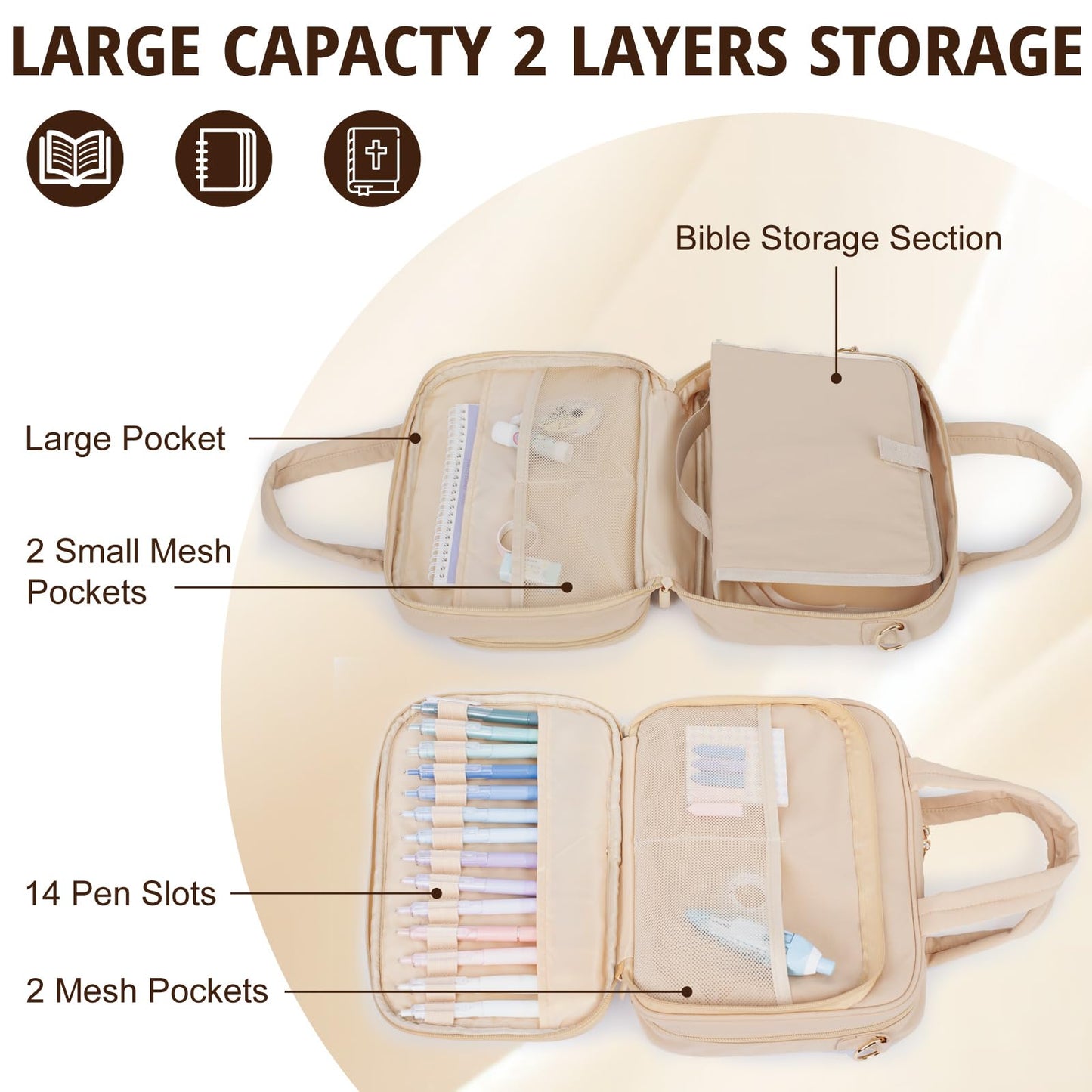 Large Bible Cover for Women,2 Compartments Bible Carrying Case With Handles Shoulder Strap, Soft Puffy Quilted Bible Bags With Book Cover Organizer, Scripture Tote For Church Study Supplies