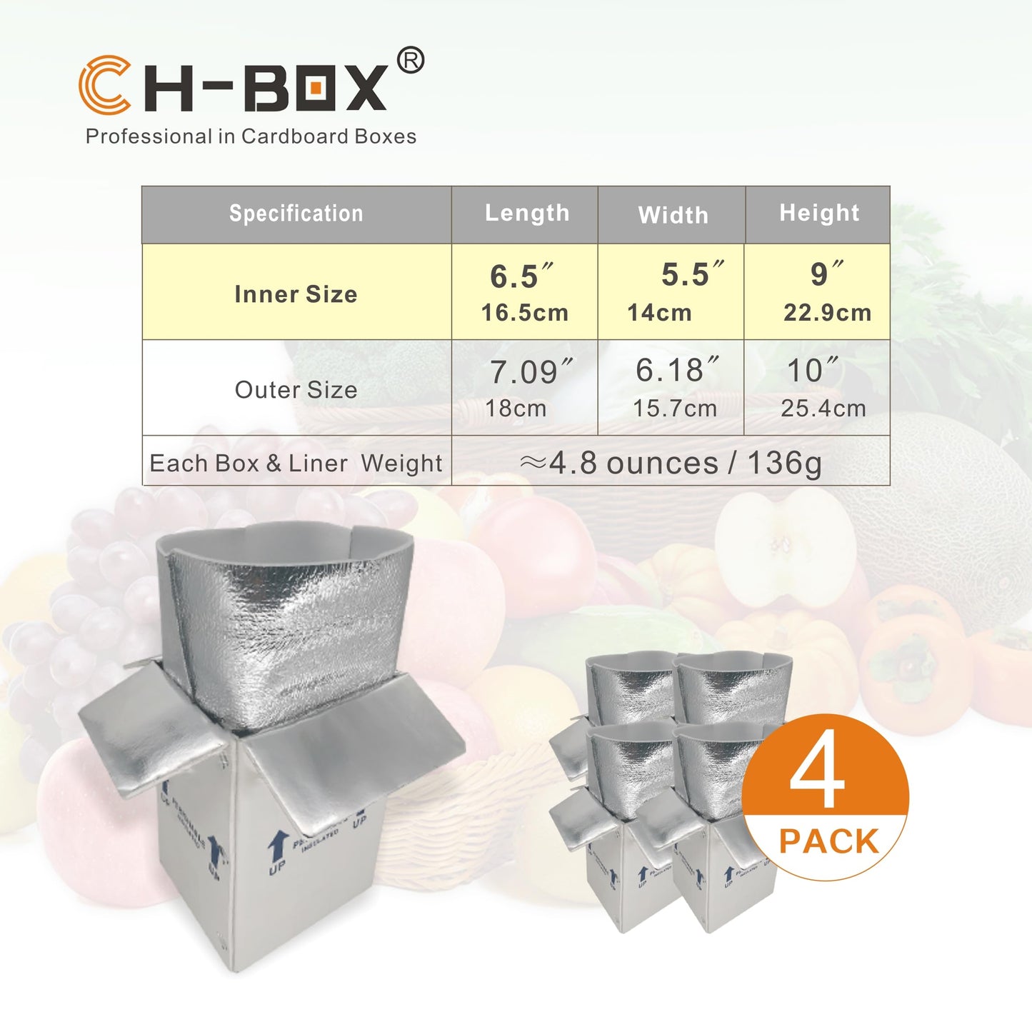 CH-BOX Thermo Chill Double Insulated Carton with Aluminum Foil Foam Bag Liner, 4 Pack 7'' x 6'' x 10'' Small Shipping Box Mailer, Perishable Shipper for Mailing, White (TB7610L-4)