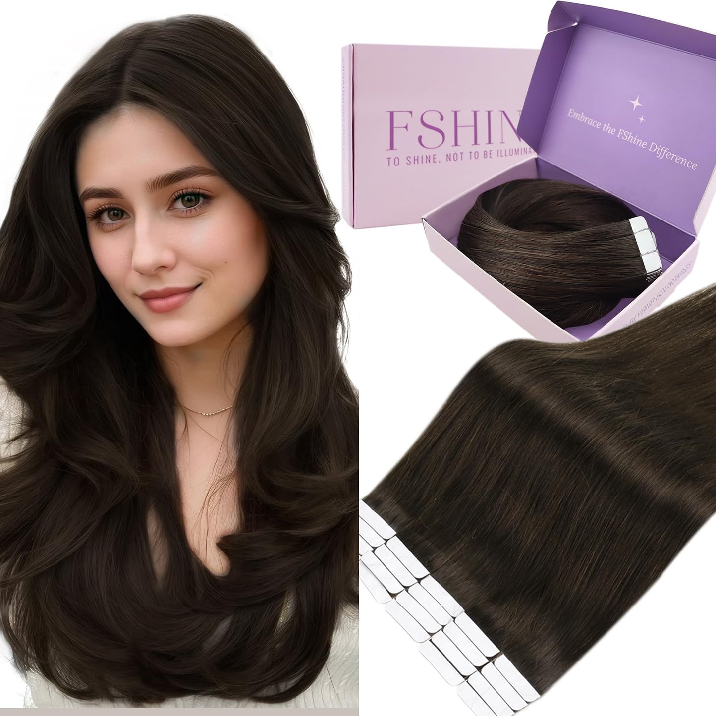 Fshine Tape in Hair Extensions Dark Brown Skin Weft Remy Human Hair, Full Head Straight Natural Extensions, Seamless Invisible Adhesive, Perfect for Daily Wear, Vacations,20pcs, 18 Inch 50g