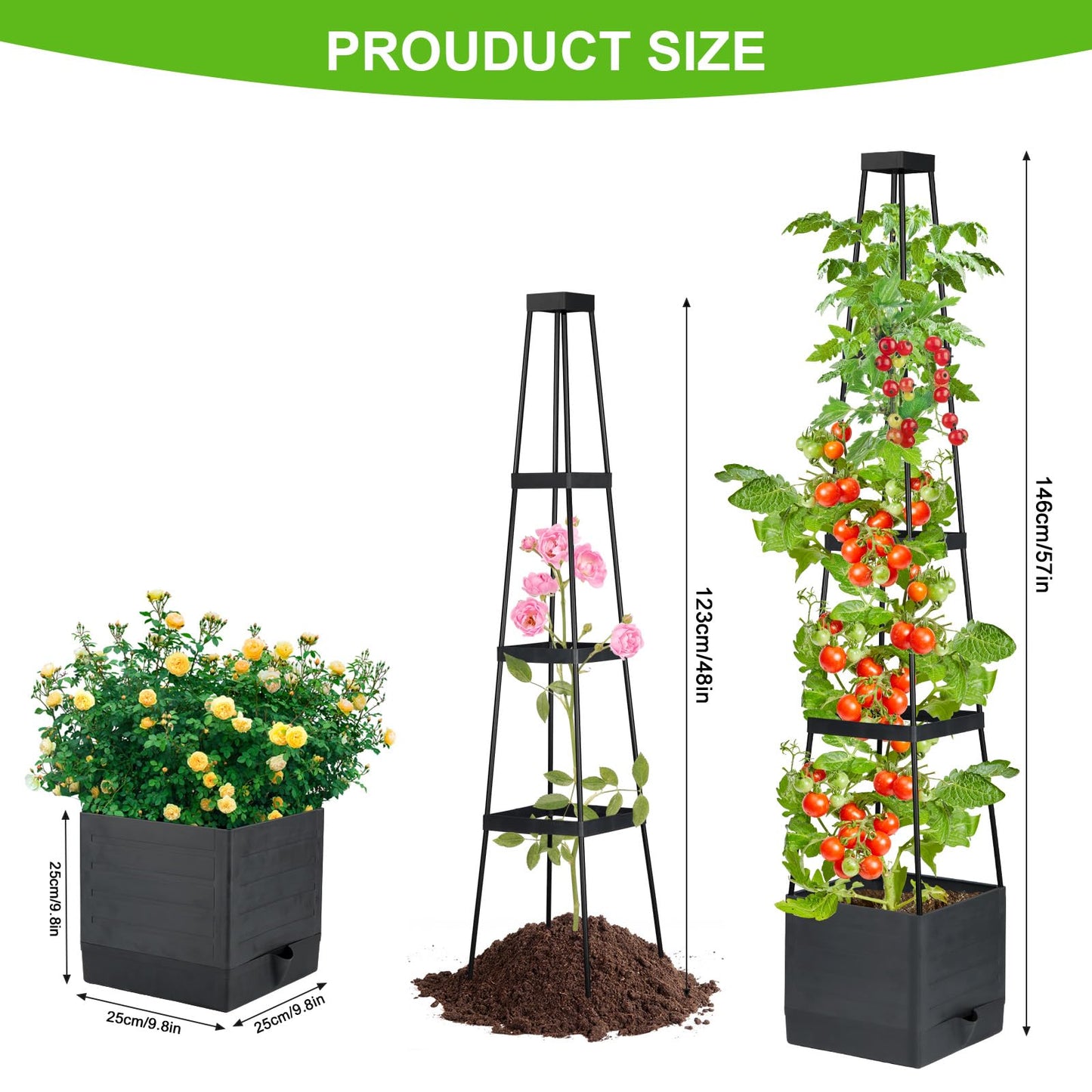 Tomato Planter Boxes with Trellis, Self Watering Square Tomato Planter with Tall Cage for Climbing Vegetable and Plants, Raised Garden Bed for Indoor Outdoor - 2Pack