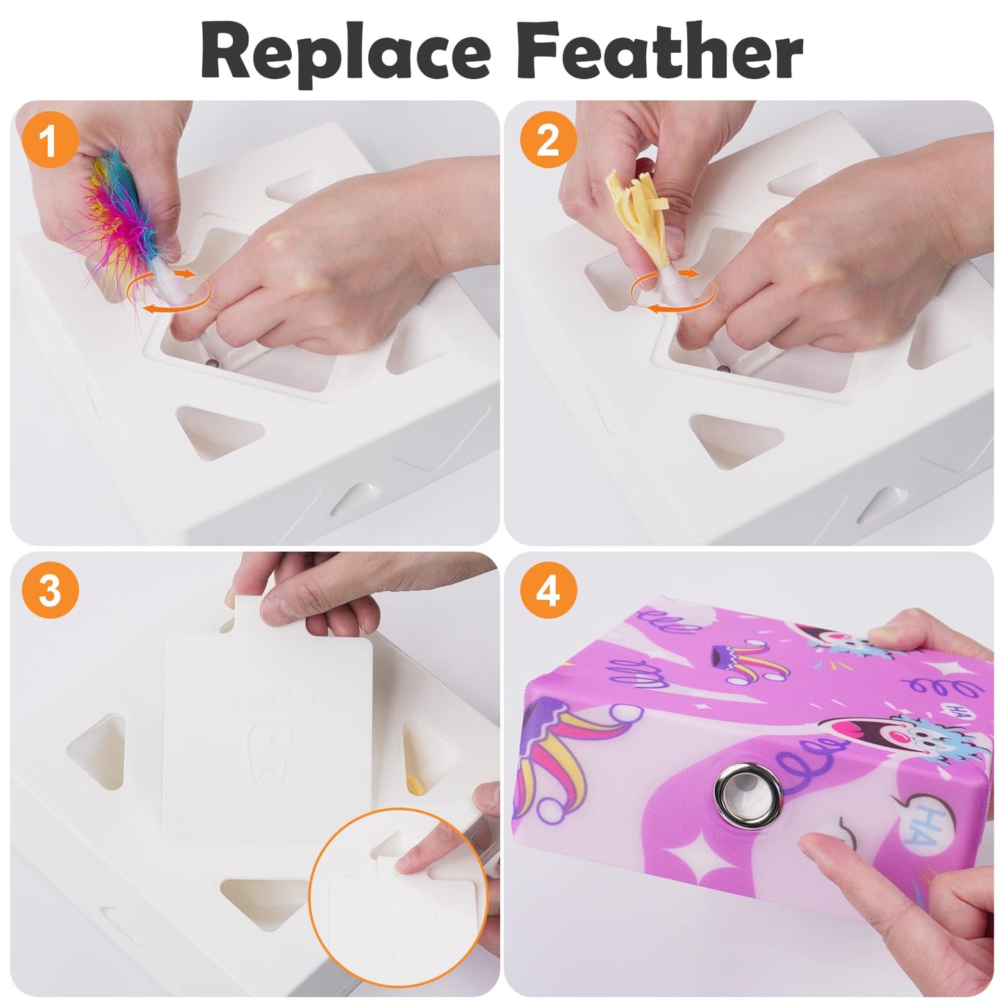 Migipaws Interactive White Cat Toy with Purple Cloth Bag, AI-Powered Mice Chase Game, Smart Sensor, Rechargeable, Durable, and DIY Ball Fun for Cats - 7 Holes, Cartoon Design