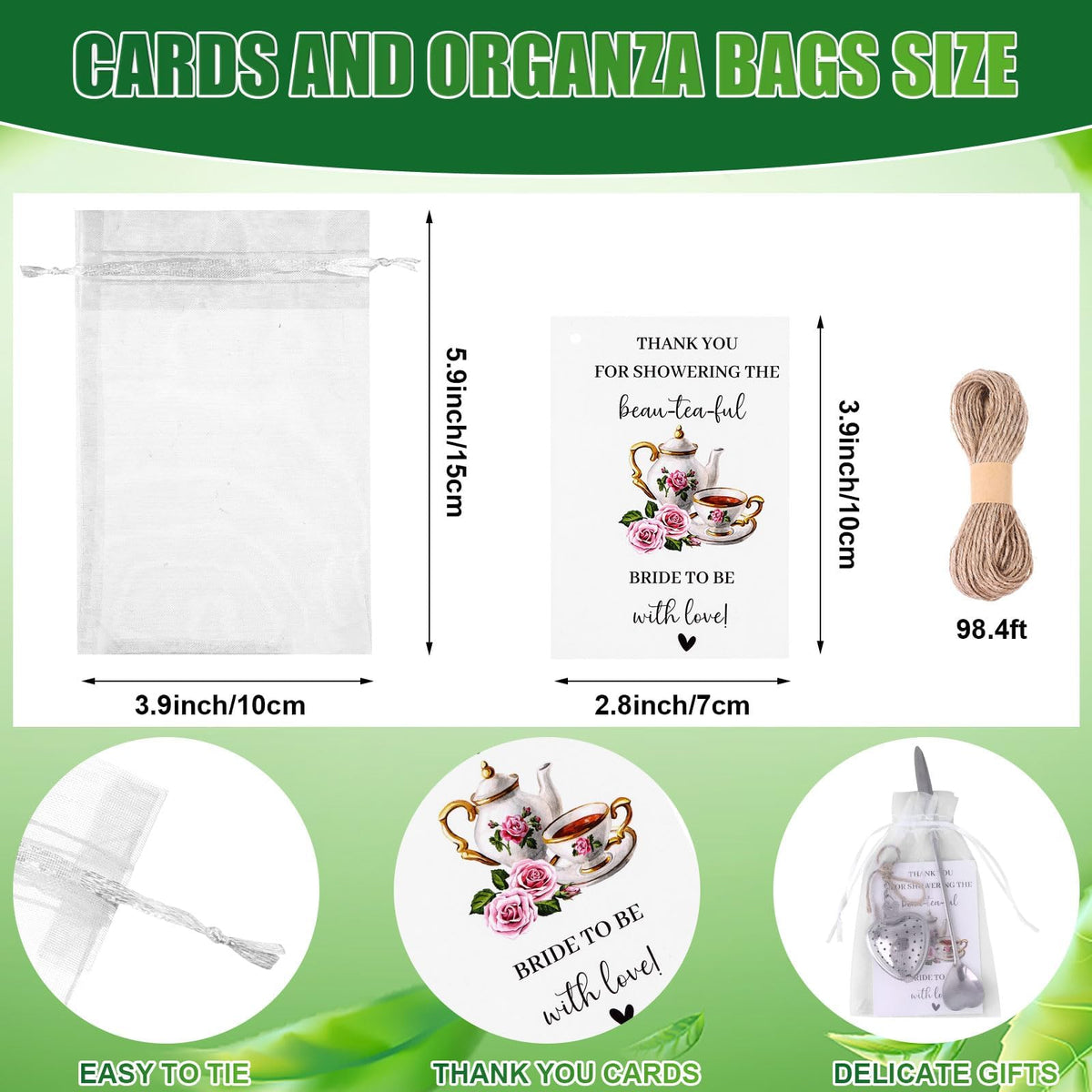 32 Sets Bridal Shower Tea Party Favors for Guest Heart Tea Infuser Tea Spoon Tea Steeper for Loose Tea with Thank You Cards Organza Bags and Hemp Rope for Wedding Gift Souvenirs, No Tea (Silver)