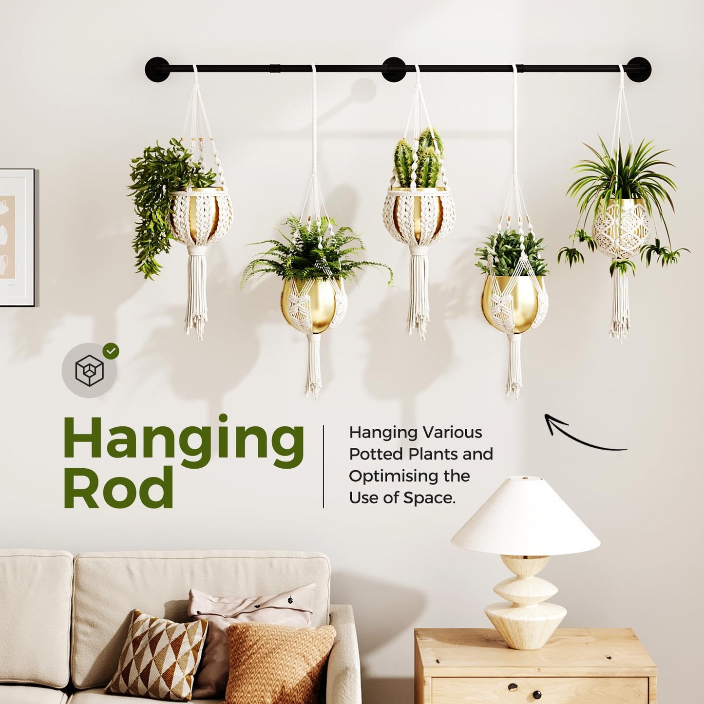 Bamworld Plant Hanger Indoor 70in Hanging Planters Rod Hanging Plant Holder for Window Plant Shelves Metal Rod，Pots Not Included