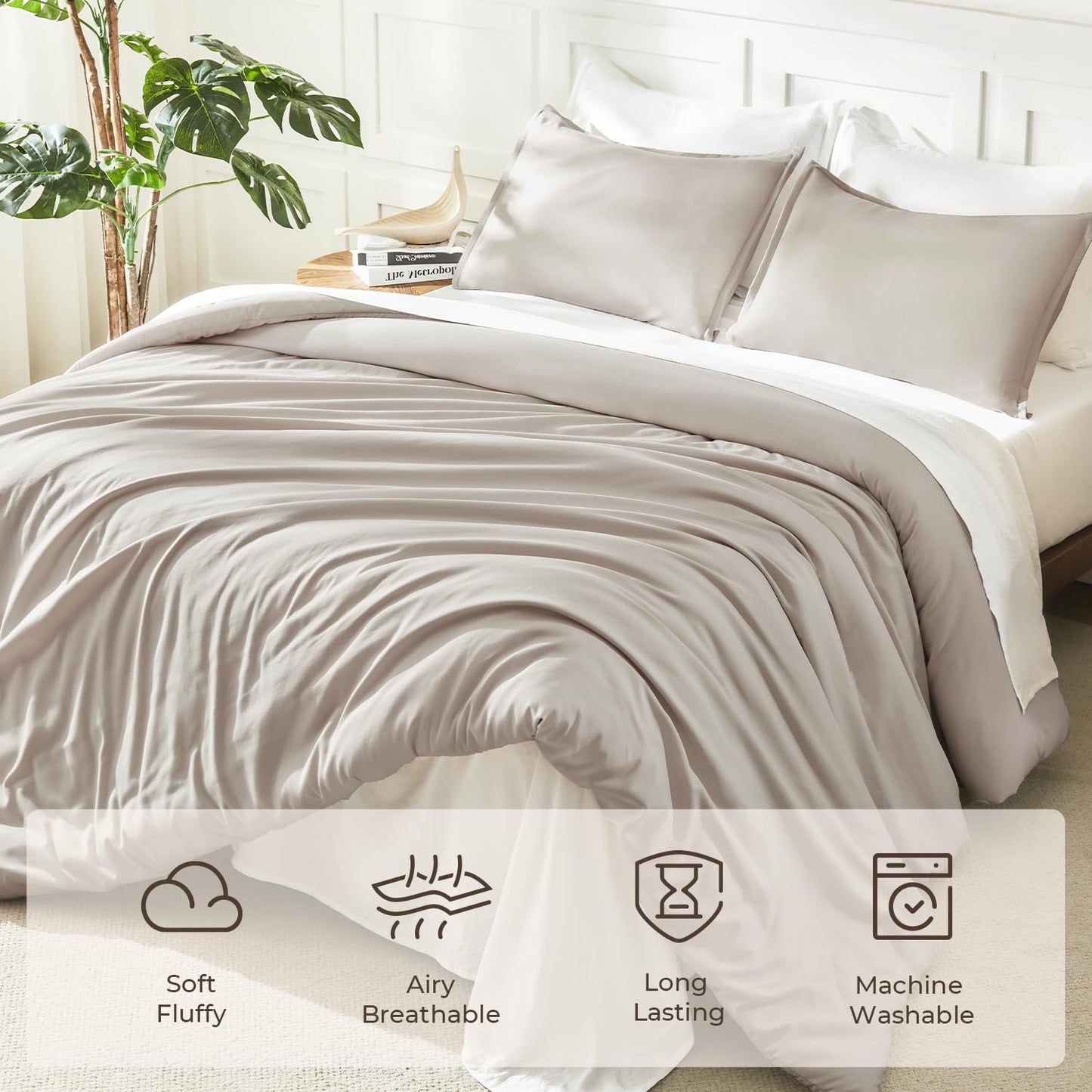 Litanika Linen Grey Comforter Set Queen Size, 3 Pieces Lightweight Solid Bedding Comforter Set, All Season Fluffy Bed Set (90x90In Comforter & 2 Pillowcases)