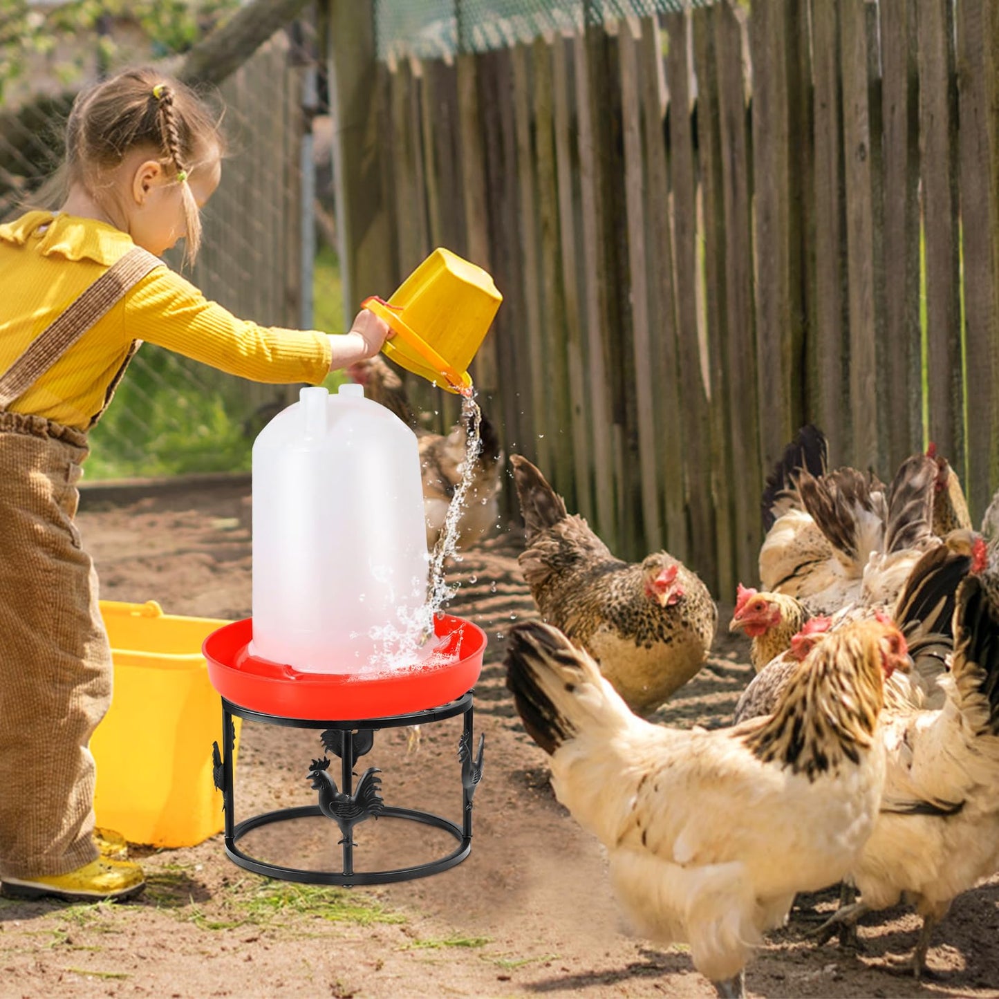 MeyRolizn Metal Stand for Chicken Feeder Waterer, Heavy Duty Poultry Water Feeder Stand Holder with Basin, Rustproof Iron Chicks Feeding Buckets Support Shelves for Indoor Outdoor (Black 2pc)