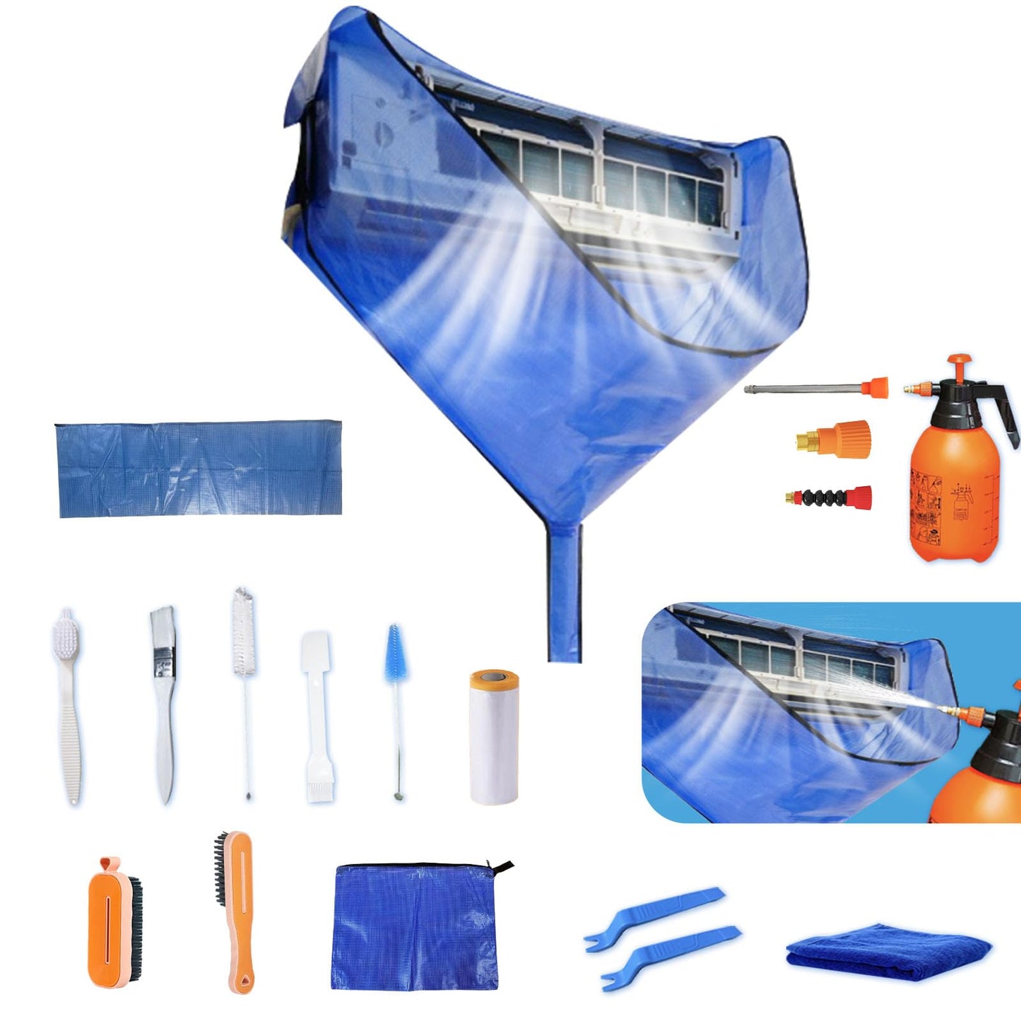 Kikepilm Mini Split Wall Heat Pump Cleaning Kit,Thermopump Cleaning Kit,18pcs Heat Pump Cleaning Kit(Blue)