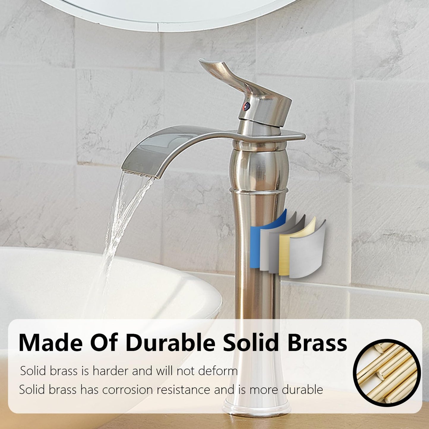 Bathlavish Bathroom Vessel Sink Faucet Waterfall Single Handle One Hole Tall Bathroom Faucets Deck Mount Lavatory Matching Pop Up Drain Without Overflow, Brushed Nickel