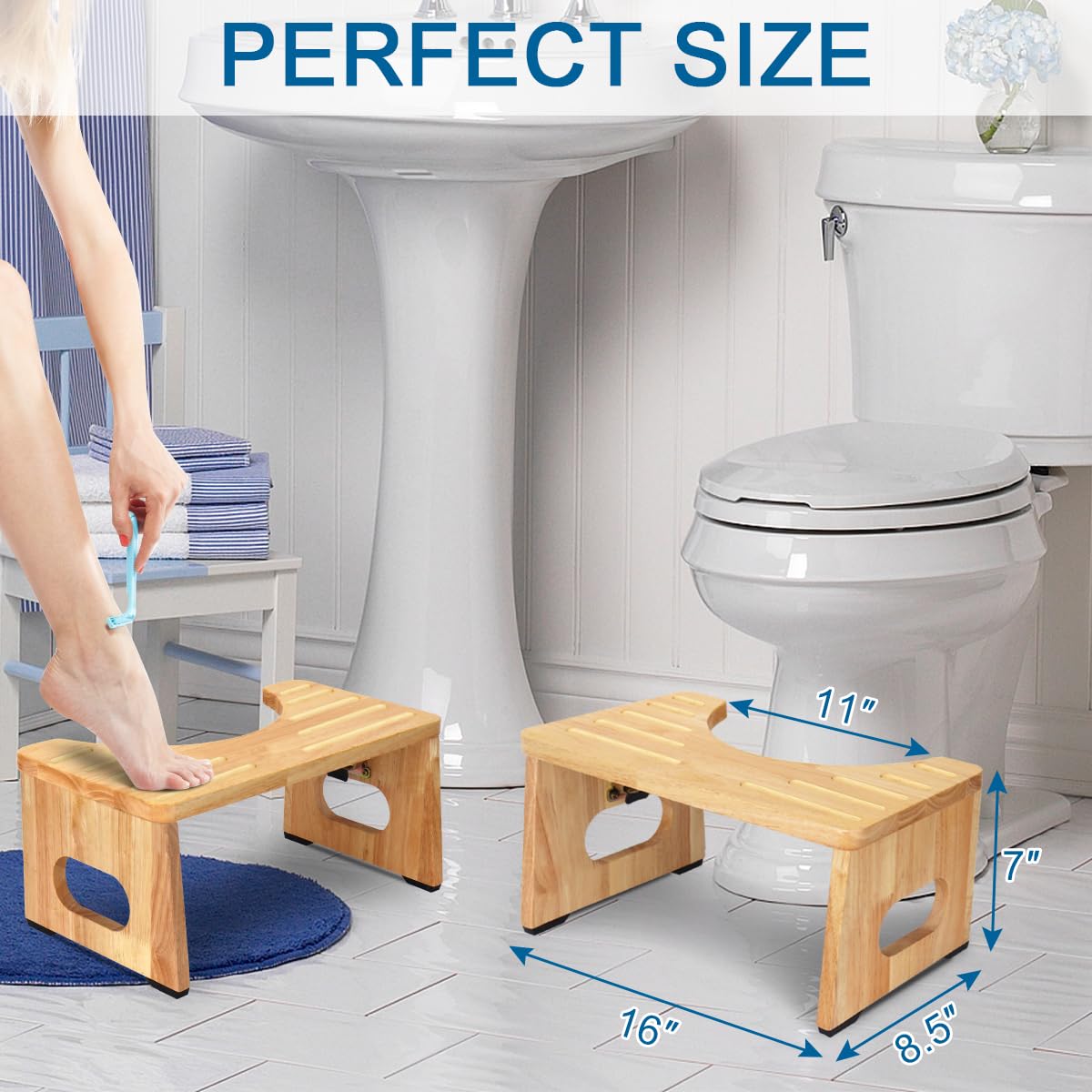 Foldable Toilet Potty Stool for Adults, 7" Wood Portable Squatting Poop Foot Stool, Bathroom Non-Slip Toilet Assistance Step Stool - Gifts for Kids Seniors