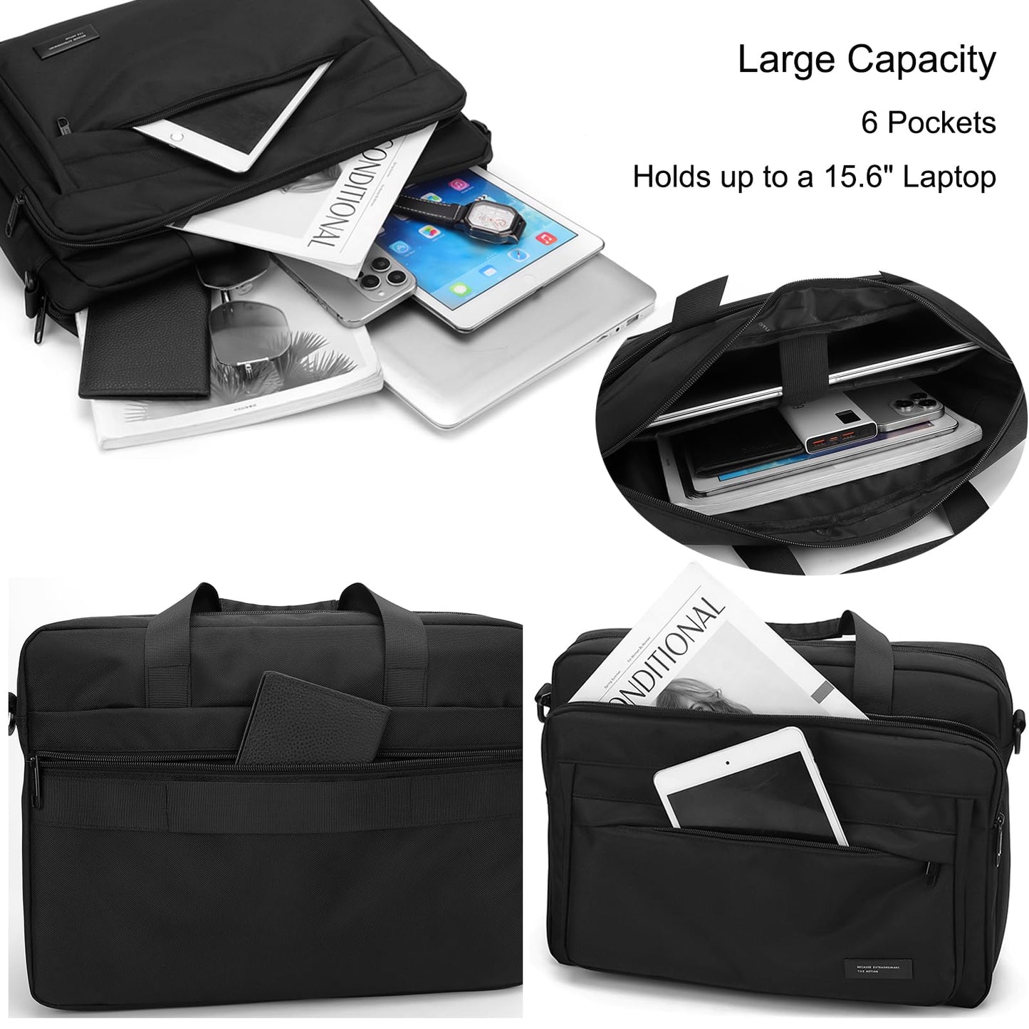Laptop Bag 15.6 Inch Briefcase for Men Women Waterproof Nylon Lightweight, Shoulder Computer Messenger Handbag for Business Office Work Travel College Black