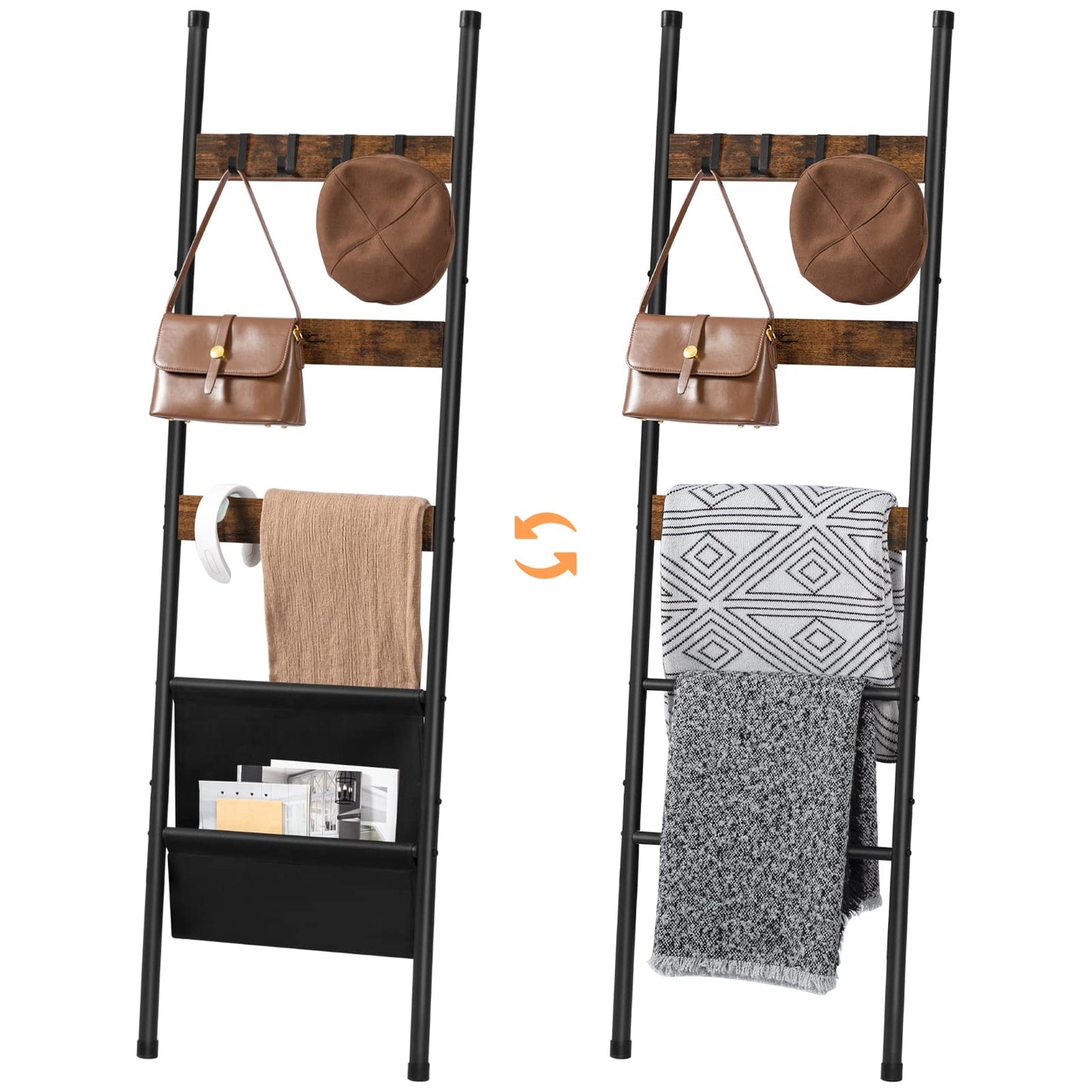 HOOBRO Blanket Ladder, 5 Tier Ladder Shelf, Wall-Leaning Blanket Rack with 4 Removable Hooks and Storage Pocket, Towel Drying and Display Rack for Bathroom, Bedroom, Rustic Brown BF32CJ01