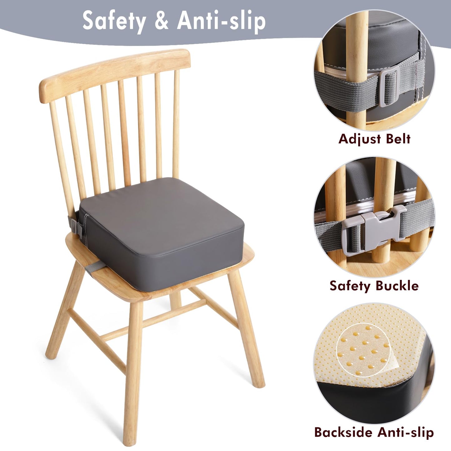 Toddler Booster Seat for Dining Table, Non-Slip Kitchen Chair Booster Cushion, PU Washable Double Safe Straps Baby Booster Seat, Portable Travel Camping Increasing Cushion