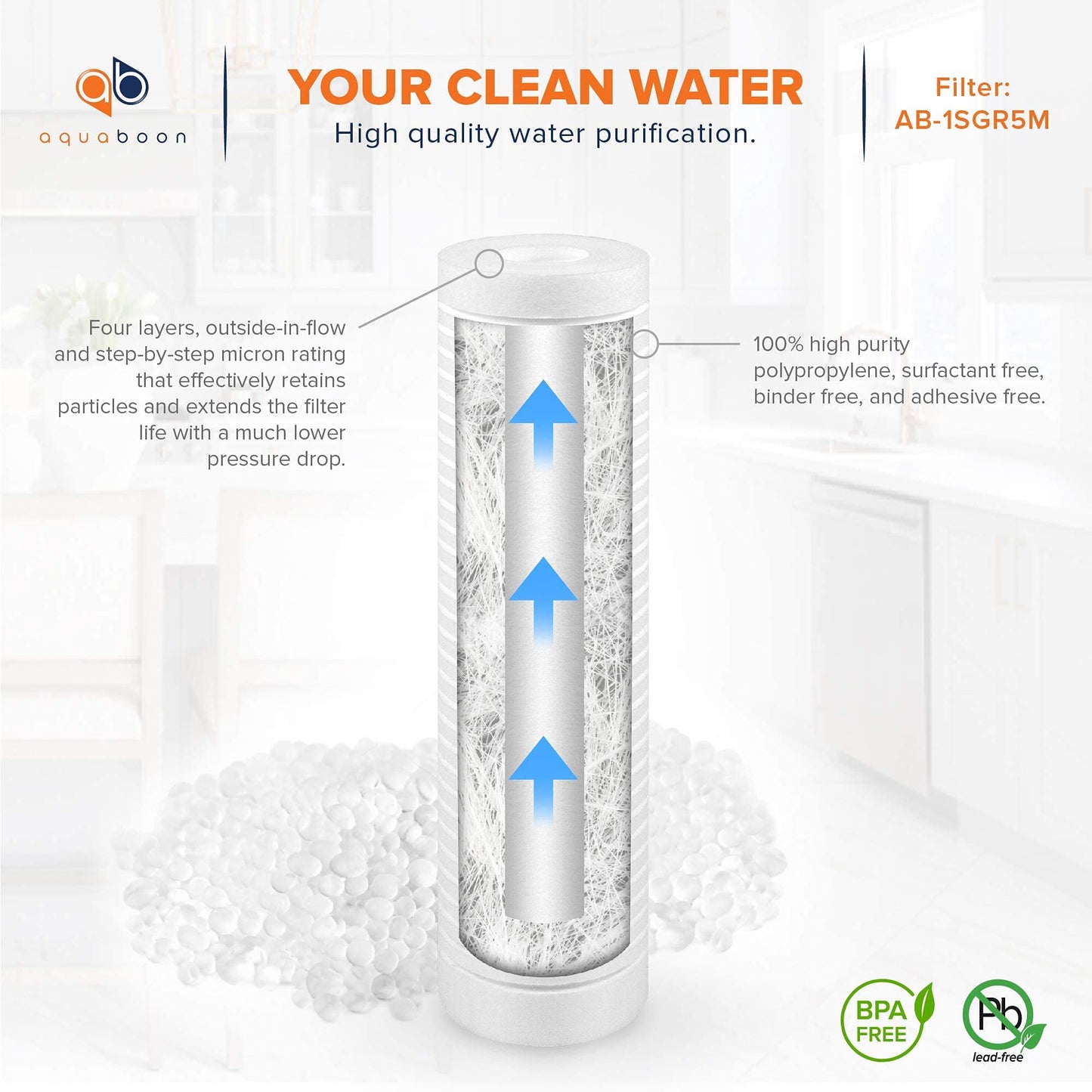 Aquaboon Whole House 5 Micron 10 x 2.5 PP Grooved Sediment Water Filter Cartridge Replacement Compatible with AP110, WHKF-GD05, CFS110, P5, 6-Pack