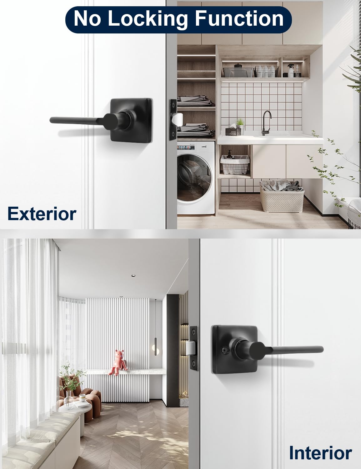 Mengico 6 Pack Modern Square Passage Door Handles Matte Black, Non-Locking Keyless Square Door Levers, Interior Door Handles for Closet and Hallway, Reversible for Left/Right Handed