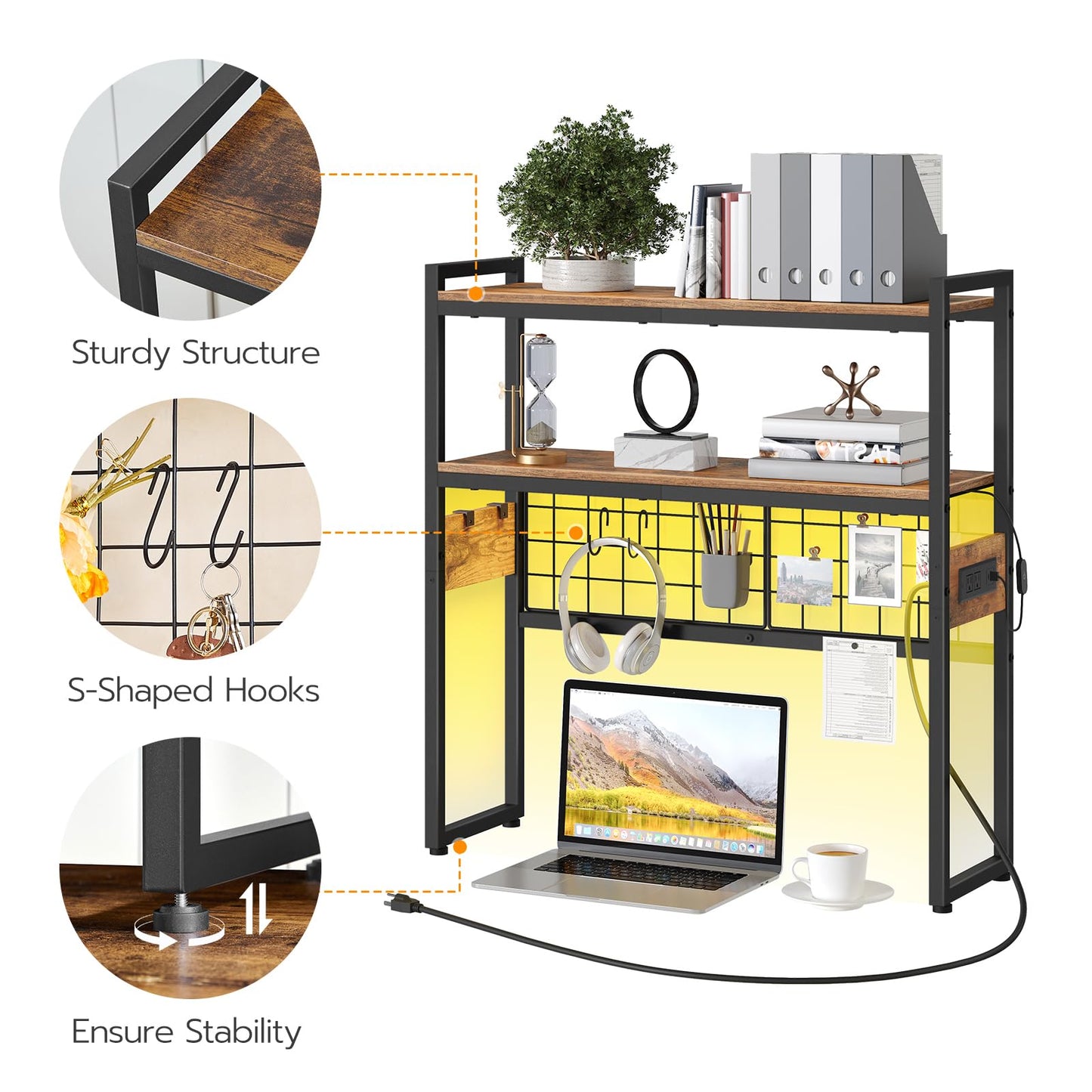 HOOBRO Desktop Bookcase, 2-Tier Office Desktop Organizer, 29.9" Wooden Storage Rack with Outlets, Display Shelf Rack with Light Strip, Desk Hutch for Office, Rustic Brown BF11UDSJ01