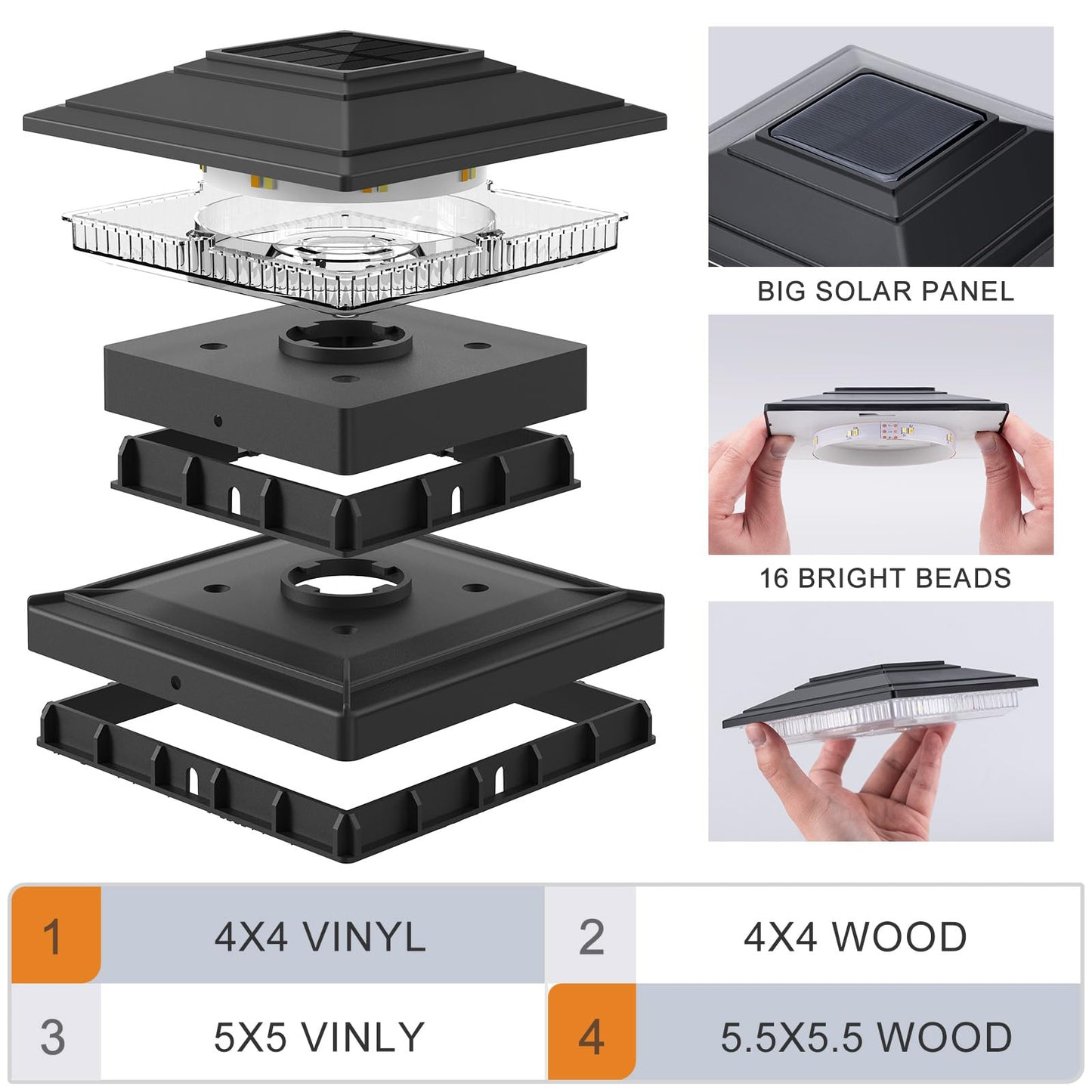 APONUO Solar Post Cap Lights Outdoor 6 Pack, Warm White/Cool White IP65 Waterproof Outdoor for 4X4 6x6 Wood & 4X4 5x5 Vinyl Posts, Auto On/Off Deck Fence Garden Patio Lights Decor, Black