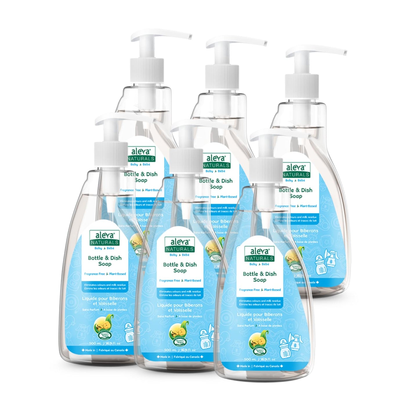 Aleva Naturals Hypoallergenic Bottle and Dish Wash Liquid - Plant-Based and Fragrance-Free Formula, Dish Soap to Clean Baby Feeding Cups and Breast Pumps- 3L VALUE PACK (500ml x 6)