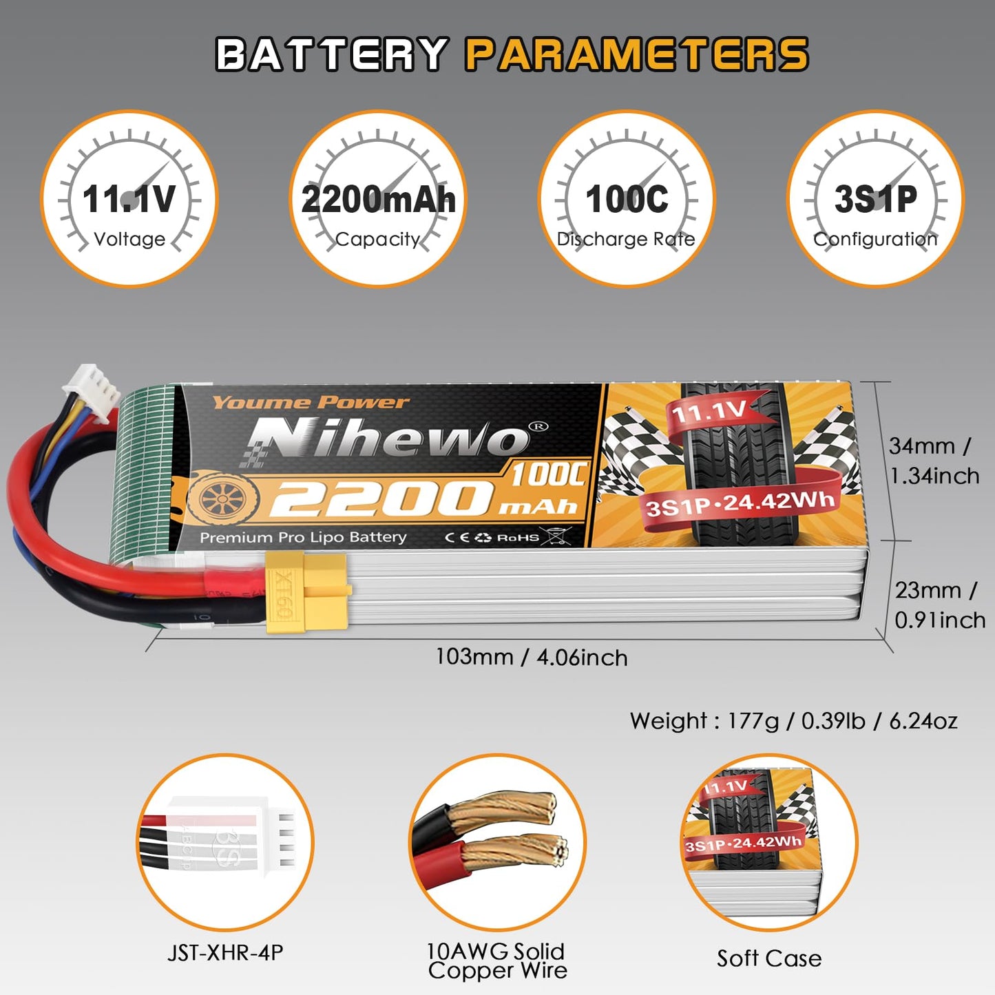 3S Lipo Battery 11.1V 2200mAh RC Lipo Battery Pack 100C with XT60 Plug Compatible with RC Cars, Trucks, Boats, Airplanes, Helicopters, Drone, FPV Racing Hobby Models (2 Pack)